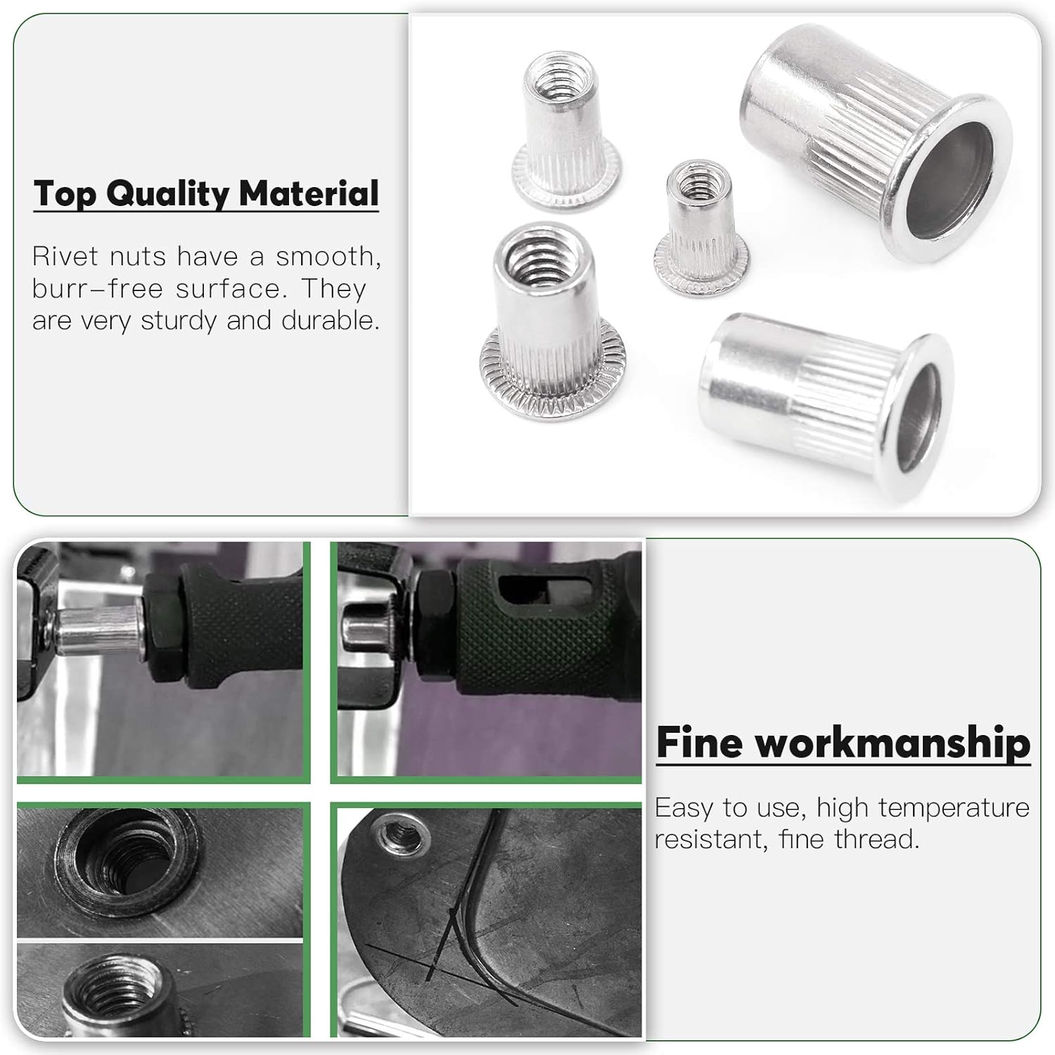 Keadic 180 Pieces Stainless Steel Rivet Nuts Kit, #8-32" #10-24" 1/4-20" 5/16-18" 3/8-16" Flat Head Threaded Insert Nutsert Rivnuts for Automotive, Furniture, Decoration