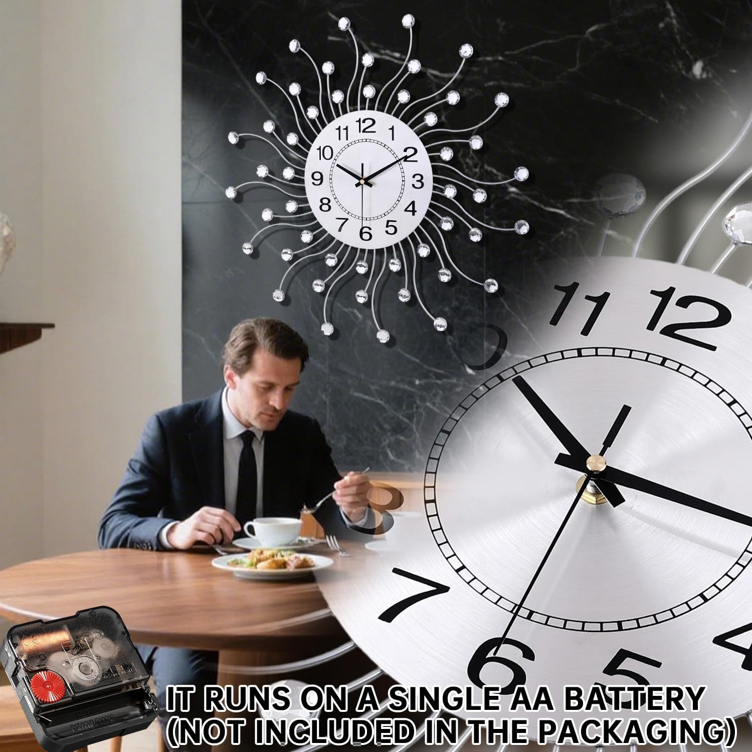 Large Wall Clock for Living Room Decor,Quiet Metal Quartz Clocks Modern Dial Bling Big Crystal Wall Clocks for Home Kitchen Bedroom Indoor Decorative / 20 Inch