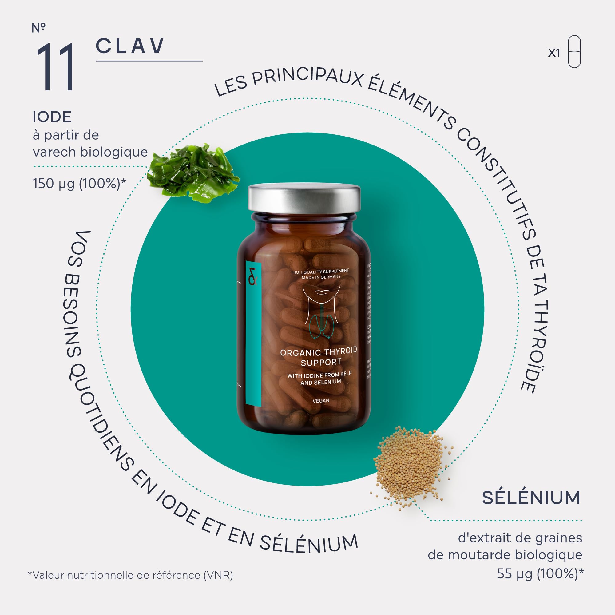 Iode Thyroide Bio avec Selenium Bio - Complement Alimentaire Thyroide - 150 μg per Iode Gelules + 55 μg Sélénium - à base de Algue Kelp et Selenium Naturel - 120 Capsule d'Iode - Vegan