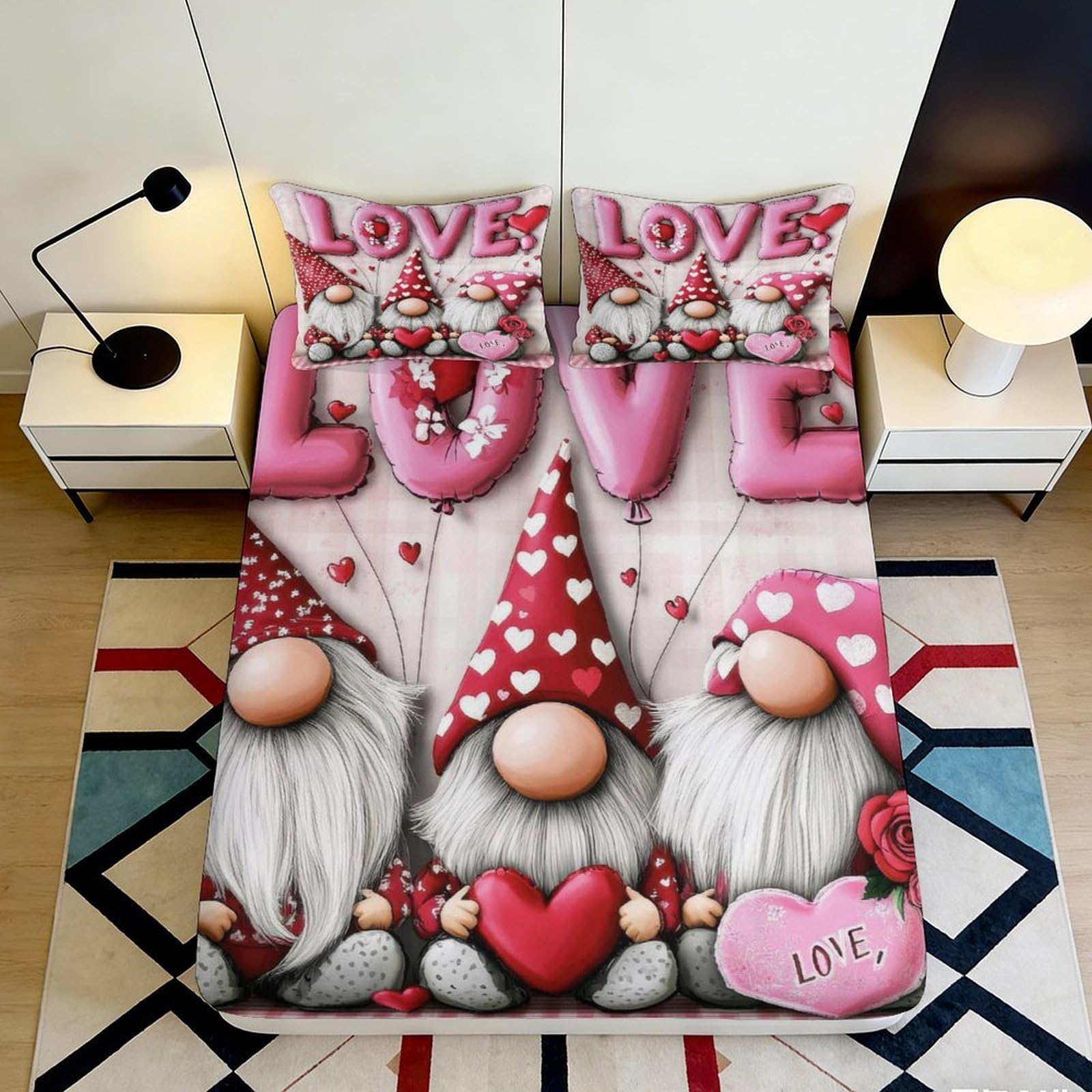 3D Printed Valentine Gnome Fitted Sheet Microfiber Soft Breathable Love Balloon Bed Cover for Bedroom Dormitory Guest Room Mattress Protection Decoration 200x200x25cm