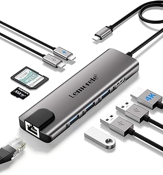 Lemorele Aluminium USB C Hub Docking Station 9 in 1 mit Gigabit Ethernet, 4K HDMI, 100W PD,3 USB-A, USB-C-Daten, SD/TF, Docking Station for MacBook Air/Pro, Windows, Switch, Chromecast