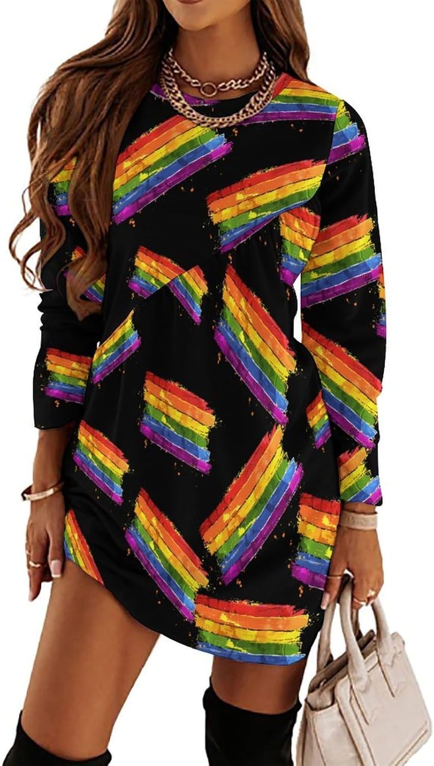LGBT Rainbow Women's Fleece Sleeve Sweatshirt Dress Long Pullover Casual Dresses