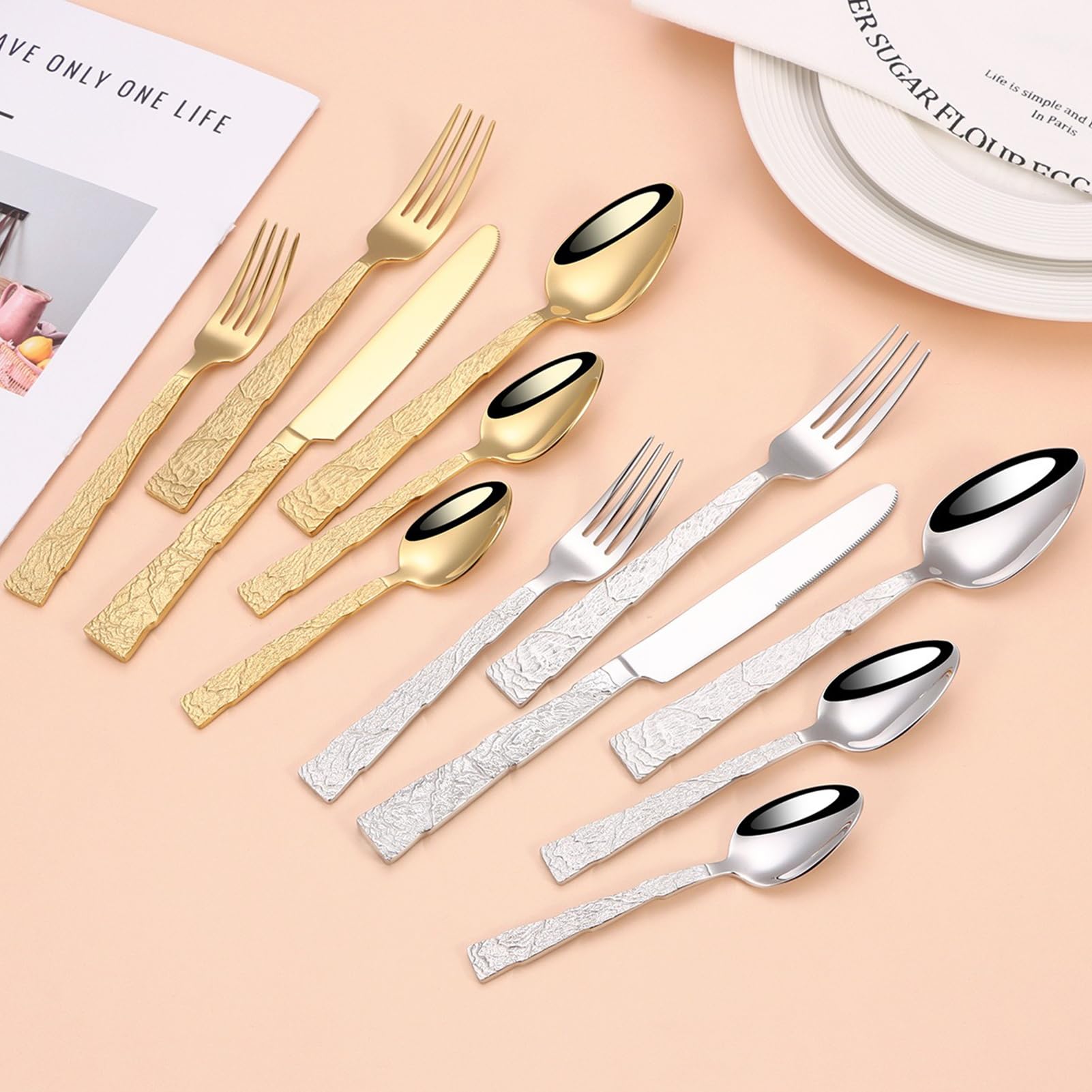 Besteckset Besteck Set 18/10 Edelstahl, Griff Mit Geschnitztem Design, Inklusive Messer Gabel Löffel, Elegant Langlebig Geschirr Für Haus, Hotel, Restaurant, Neues Haus (Silber Set A,16pcs)