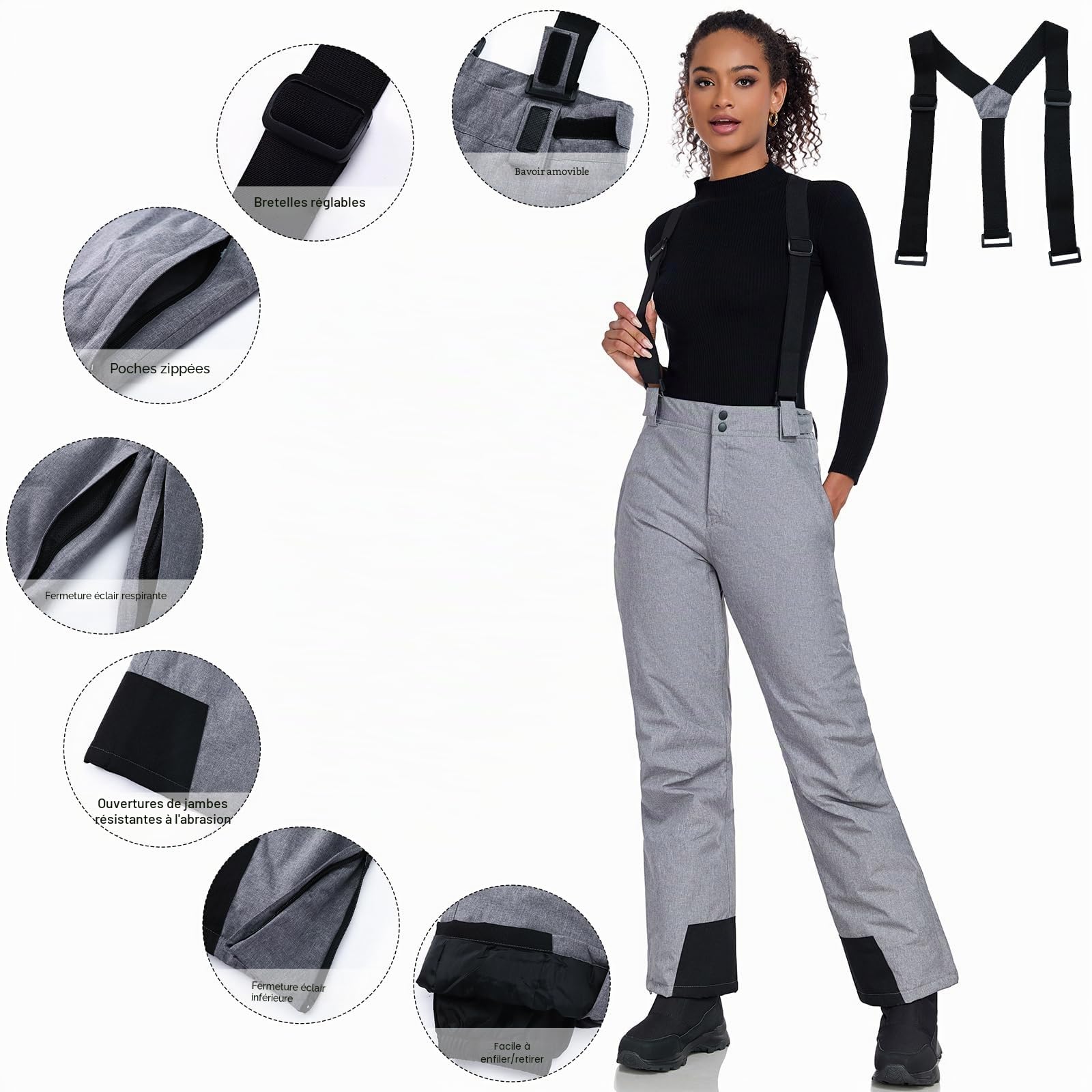 HOTIAN Pantalon de Ski à Bretelles pour Femme Pantalon de Snowboard Pantalon d'hiver Chaud imperméable Coupe-Vent Amovible Pantalon de Ski de Fond Pantalon Thermique Pantalon de randonnée