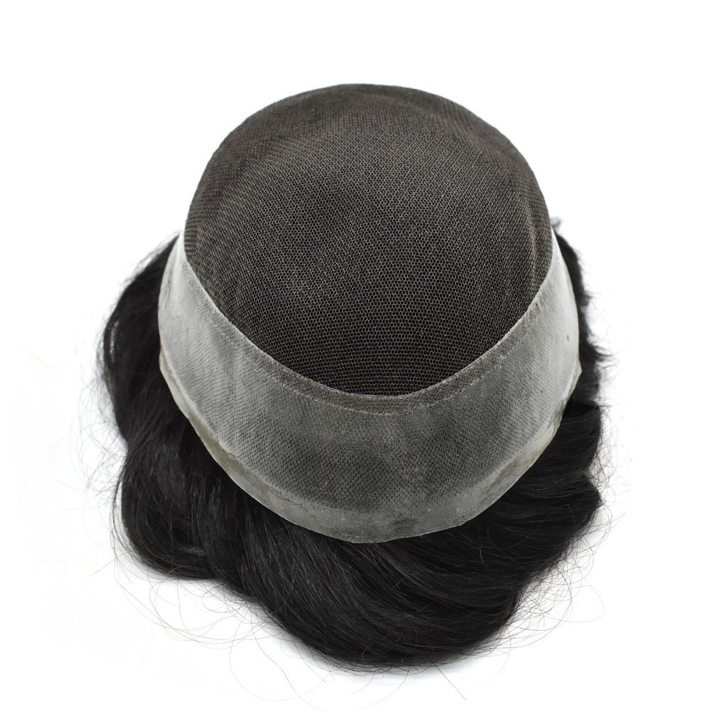 LHC USA Mens Toupee Human Hair Real French Lace with Transparent Thin Skin PU Hair Replacement Poly System Breathable Hairpiece Wigs 120% Light to Medium Density(9X6,1B#/Off Black)