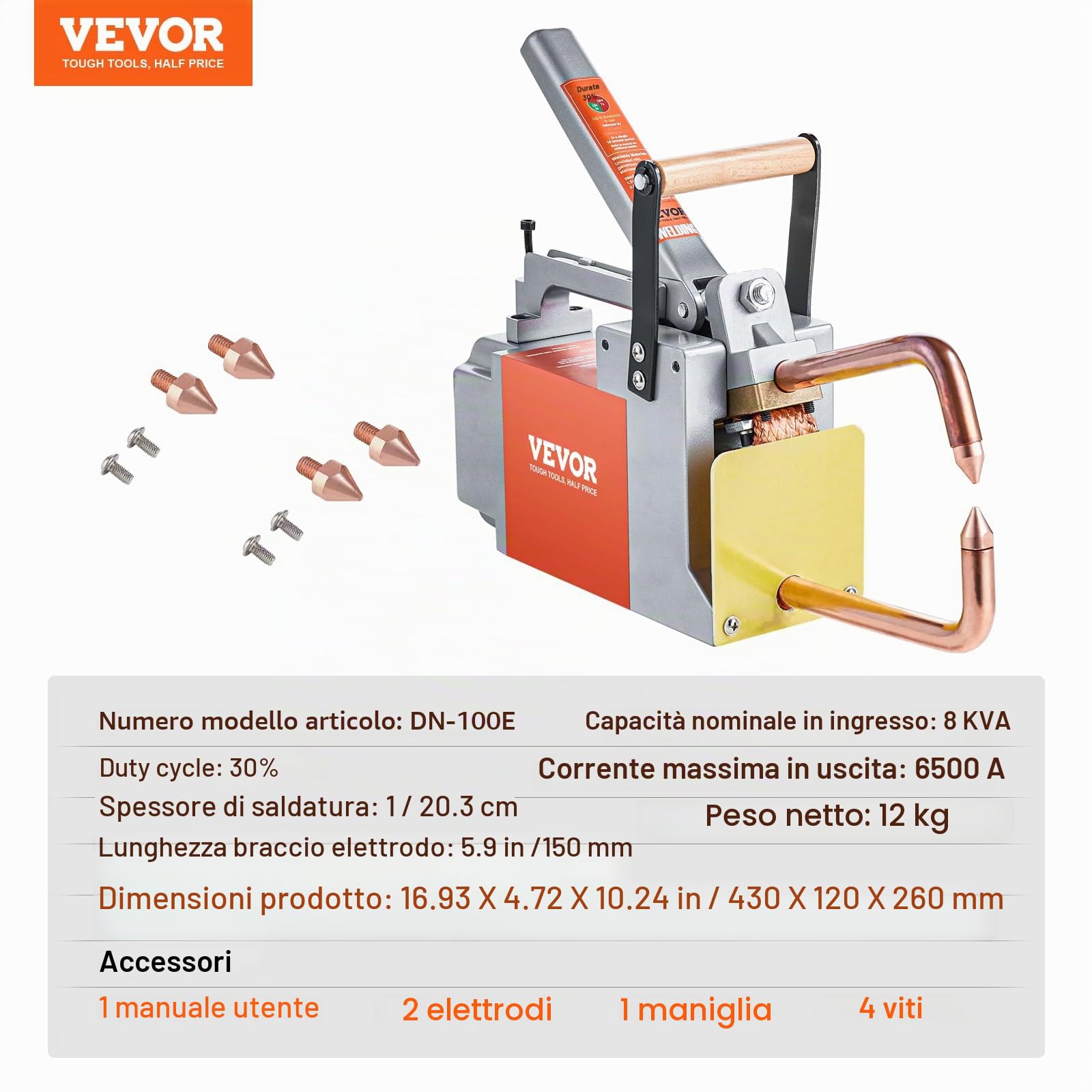 VEVOR Saldatore a punti portatile, spessore 1/8", saldatrice a punti, capacità di ingresso 8 kVA, saldatrice punta per lamiera di acciaio al carbonio, acciaio inossidabile, lamiera