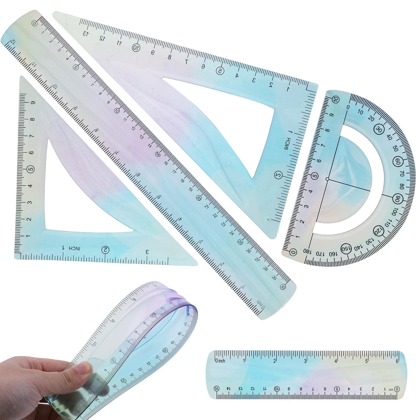 Soft Bendable Ruler with Inches and Metric, 5 Pcs 6/12inch Plastic Ruler Math Set, Flexible Ruler, 1 Set Flexible Bendable Rulers with 2 Triangle Rulers, 1 Protractor, 15 cm and 30 cm Straight Ruler