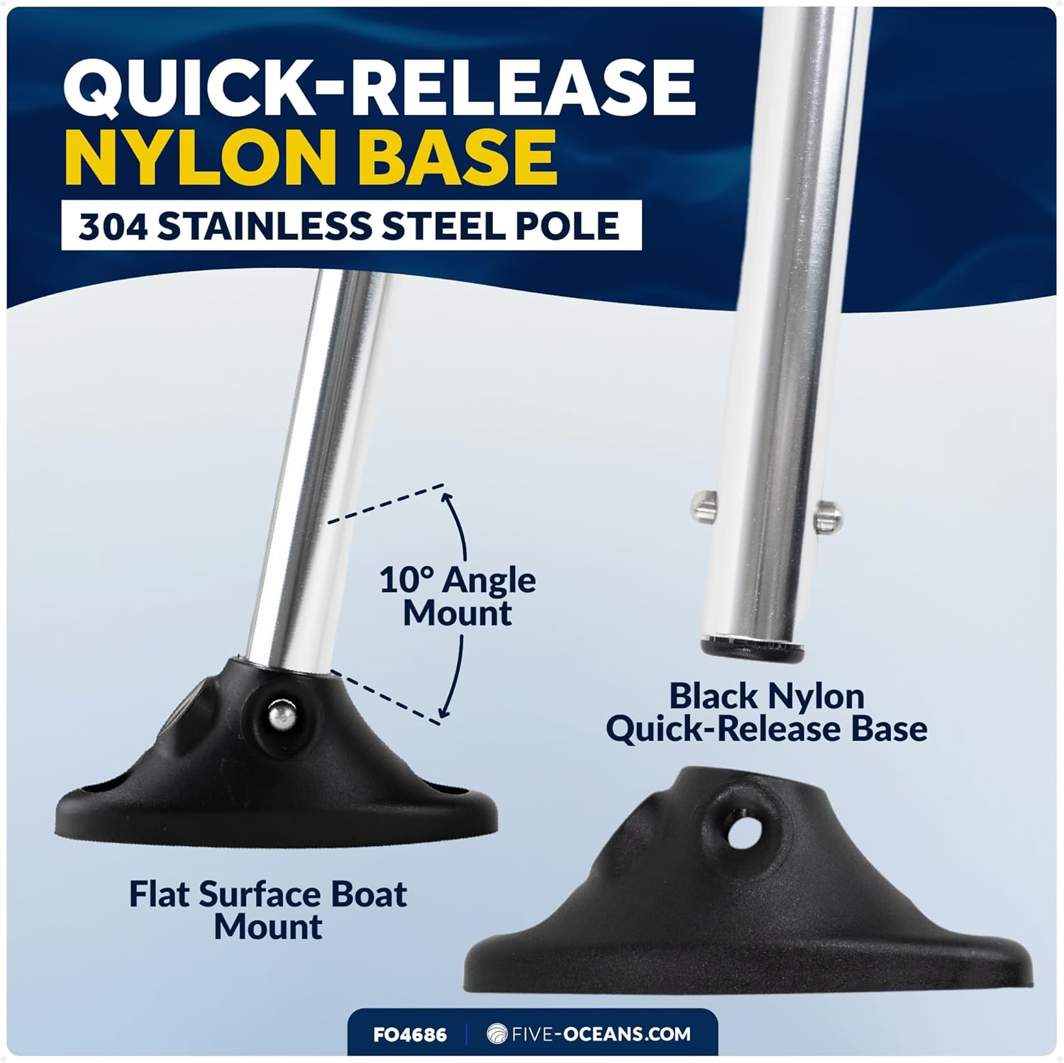 Five Oceans Boat Flag Pole Kit with American Flag, 12" x 18" U.S. 50 Star Sewn Flag, 25" Tall 3/4" Diameter Marine Pole for Pontoon & Boats - FO4686