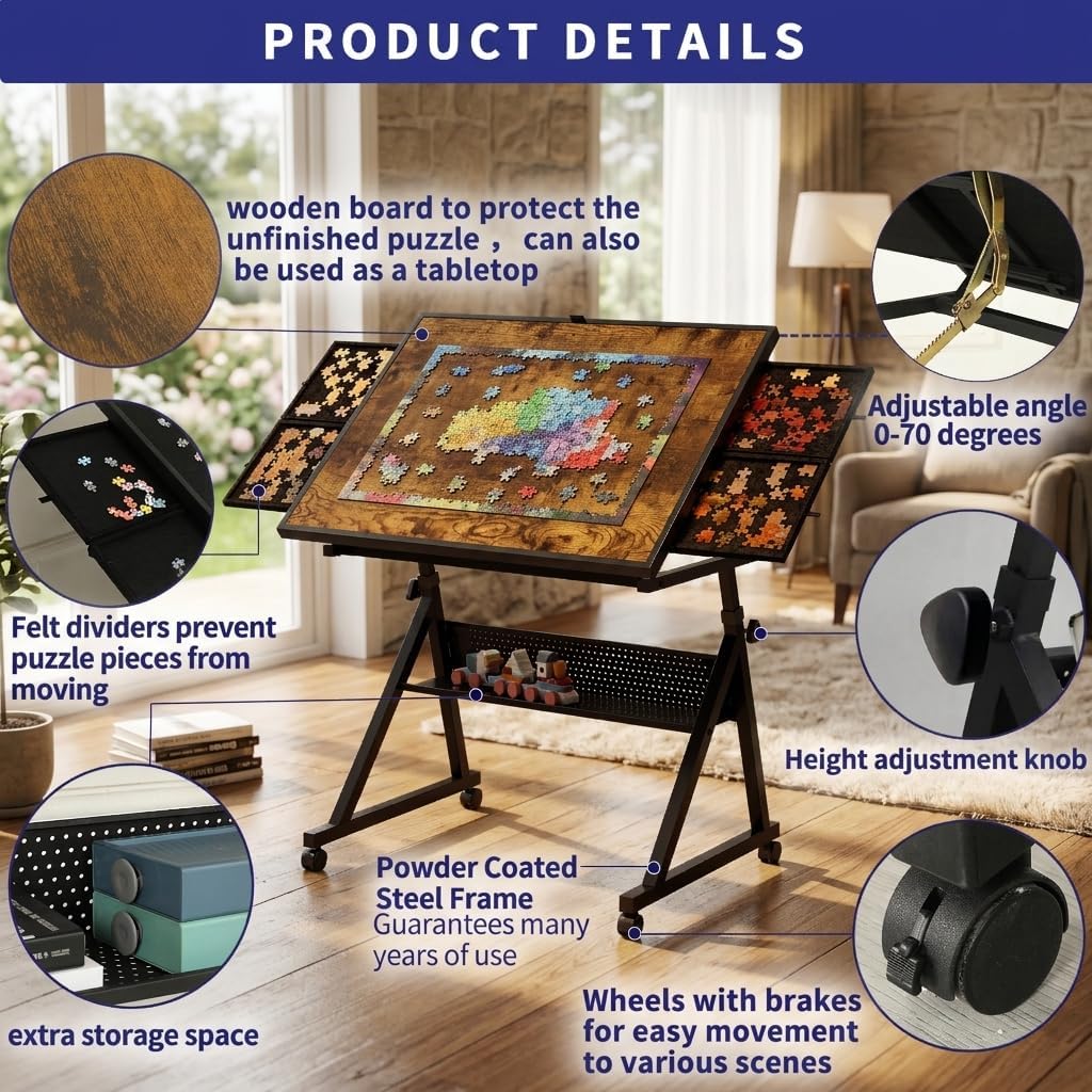 XEW 1500 Piece Jigsaw Puzzle Table for Adults with Adjustable Height & Angle, 4 Felt Storage Trays, Protective Wooden Cover, and Mobile Wheels, Black