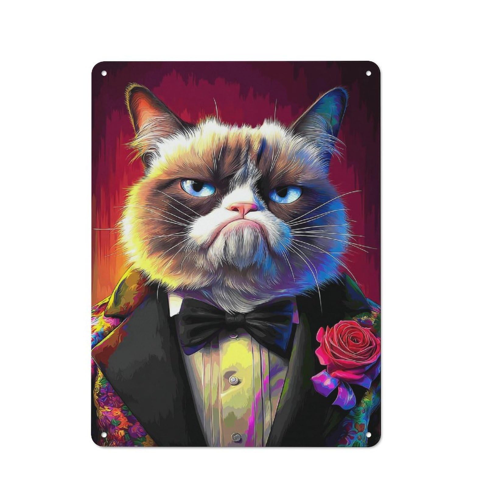 Junmoney Stylish Cat In Tuxedo With Rose Metal Wall Sign 40X30cm Featuring For Garage Or Workshop, For Vintage Wall Decor Fans, For Metal Sign Collectors