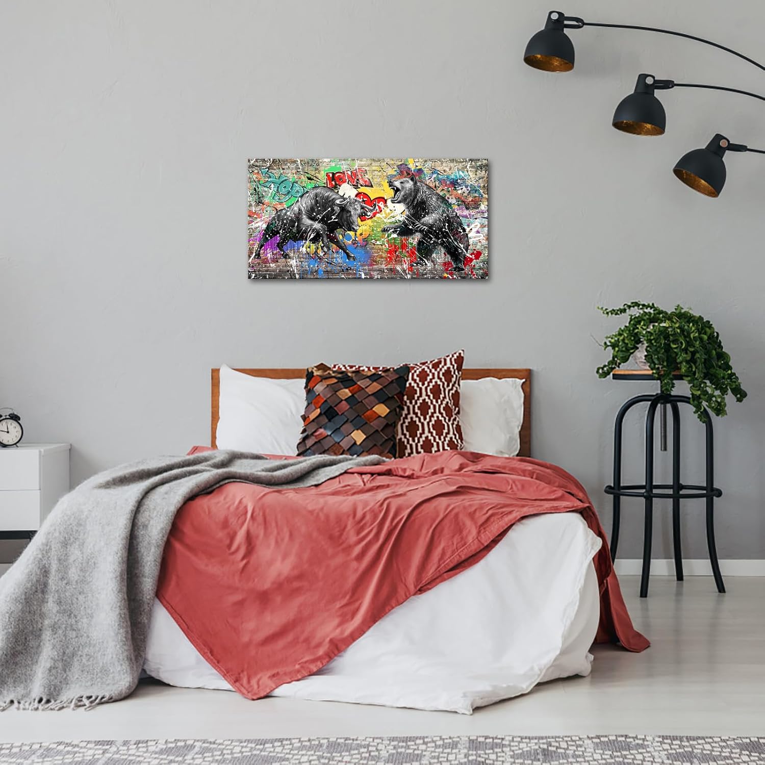 iKNOW FOTO Bull vs Bear Fight Wall Street Canvas Art - Large Pop Street Graffiti Canvas, Colorful Art for Office, Home, Bedroom, Man Cave, Game Room, Framed, 20x40 Inch