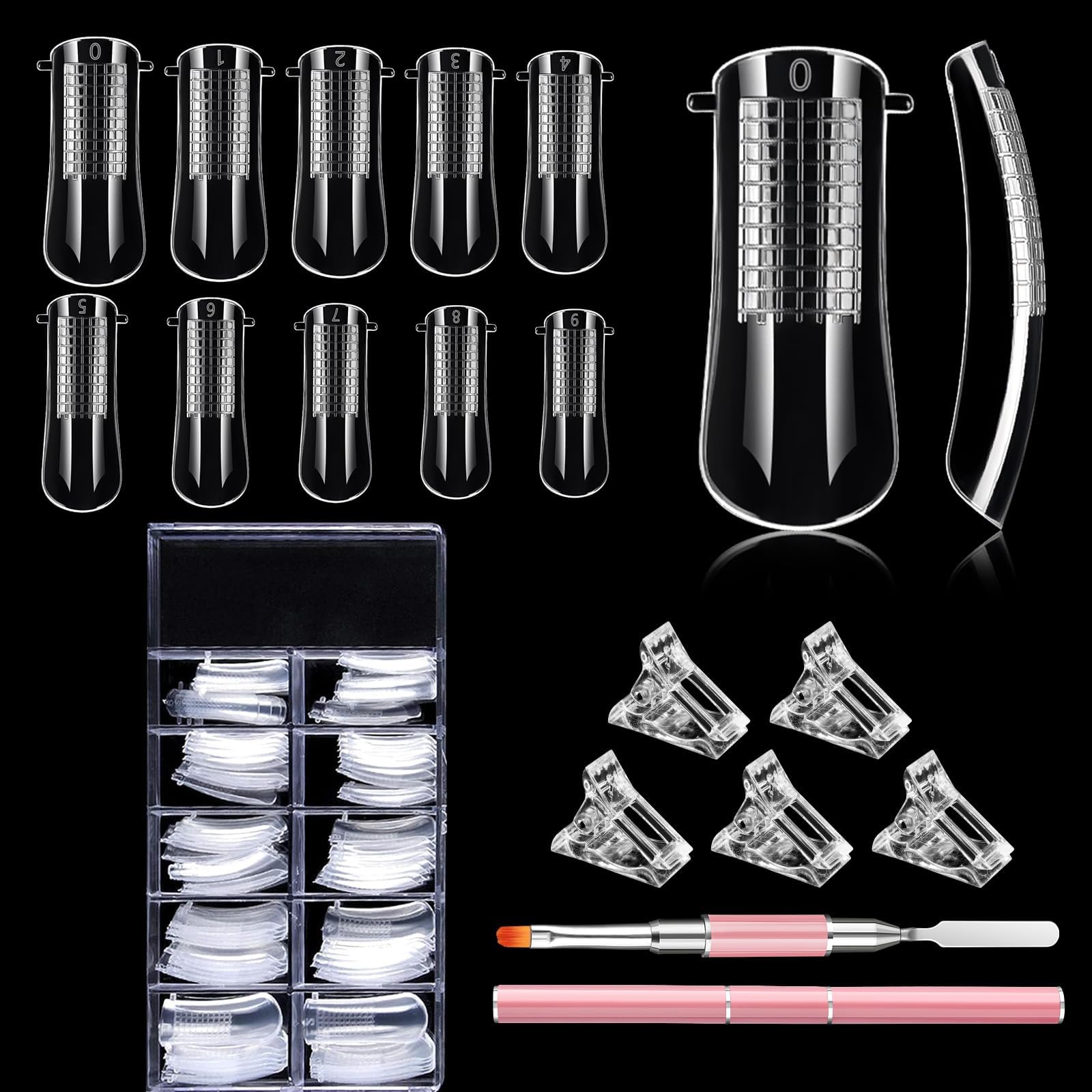 EBANKU 100 PCS Clear Nail Extension Form Tips Dual Nail Mold Full Cover UV Polygel Gel Tools Acrylic Nail System Forms Set with Black Dual-Ended Polygel Brush & Picker 5Pcs Nail Tips Clip (Pink)