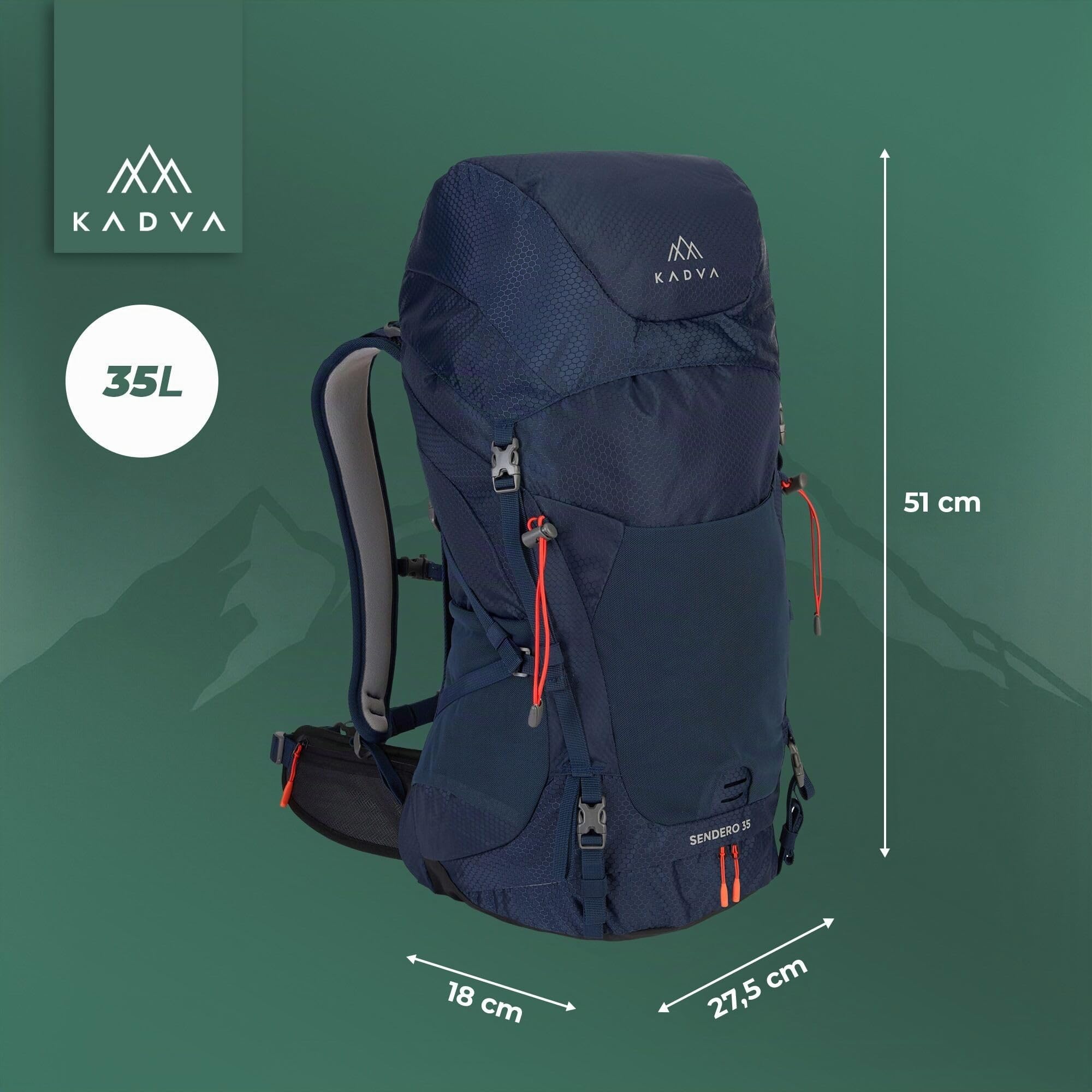 KADVA Zaino da trekking Sendero 35 l, sistema di trasporto Windspir, ventilazione e peso leggero, idrofobiatura, cinghie regolabili in vita e sul petto, dettagli riflettenti, cinghie inferiori