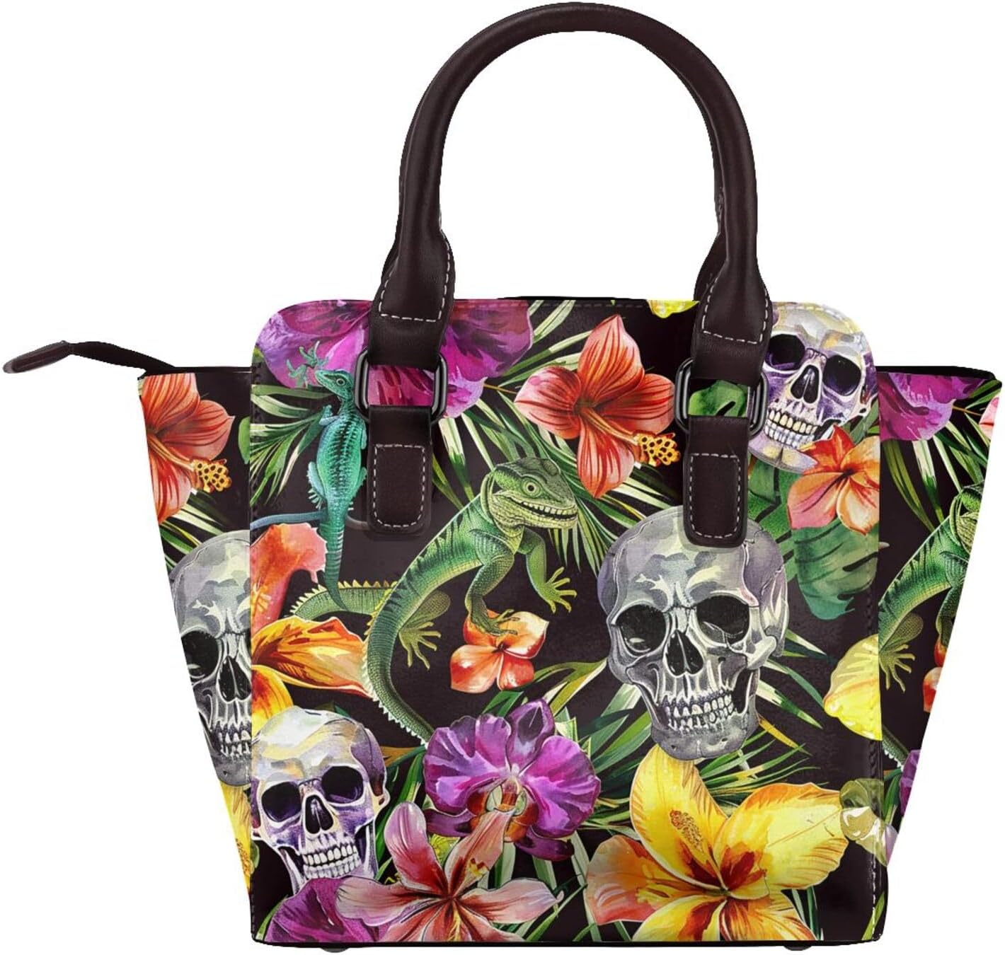 Leather Shoulder Bag for Women, Tropical Leaves Flower Studded Purse Skull Floral Crossbody Handbags Punk Hobo Bag with Adjustable Strap