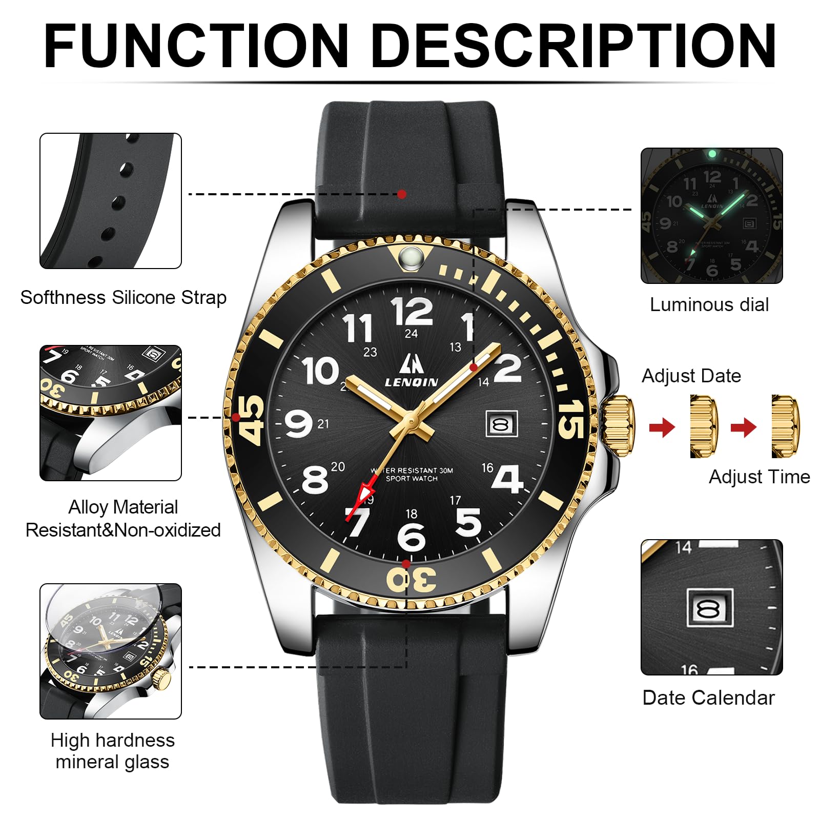 LN LENQIN Montre à quartz analogique pour homme - Étanche - Lumineuse - Bracelet en silicone et date