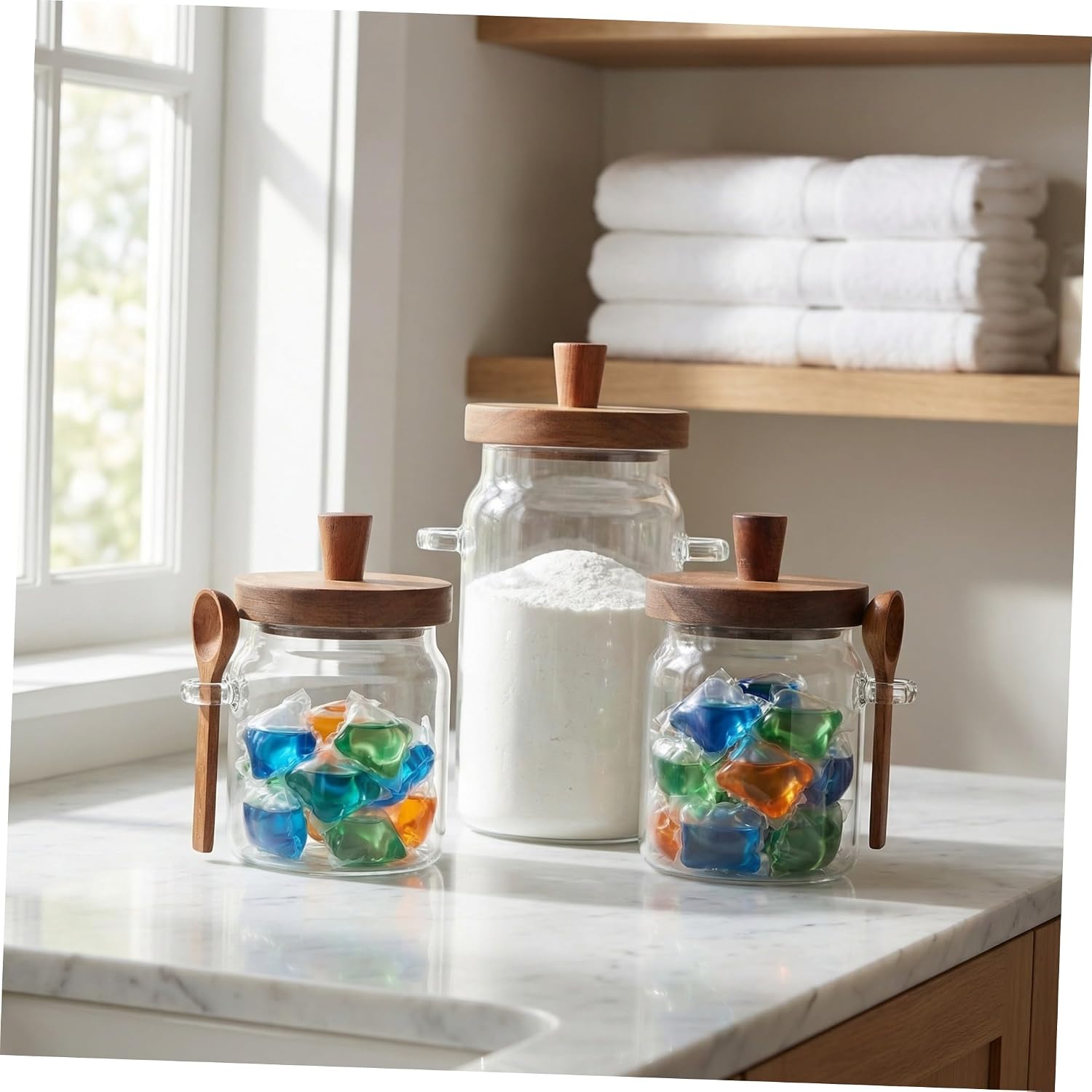3pcs Glass Laundry Pod Holder Set with Wooden Lids and Scoop Airtight round Detergent Storage Containers for Washing Powder 400ml 600ml 900ml Easy View Storage for Laundry Room