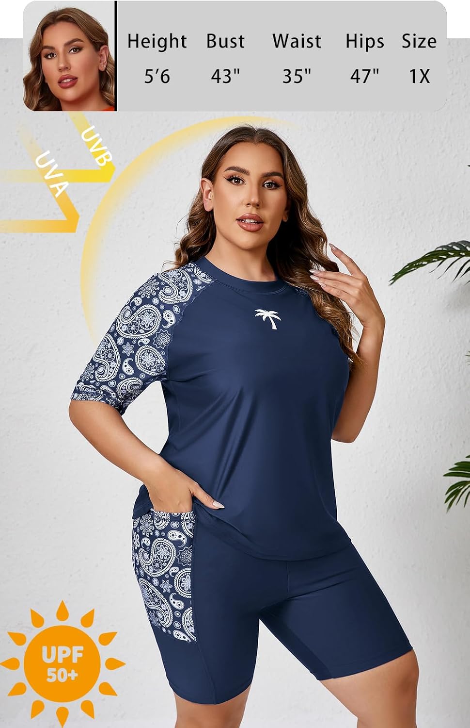 Halcurt Women's Plus Built in Bra Rash Guard Two Piece Swim Shirt and Pockets Boyleg Shorts - Image 4