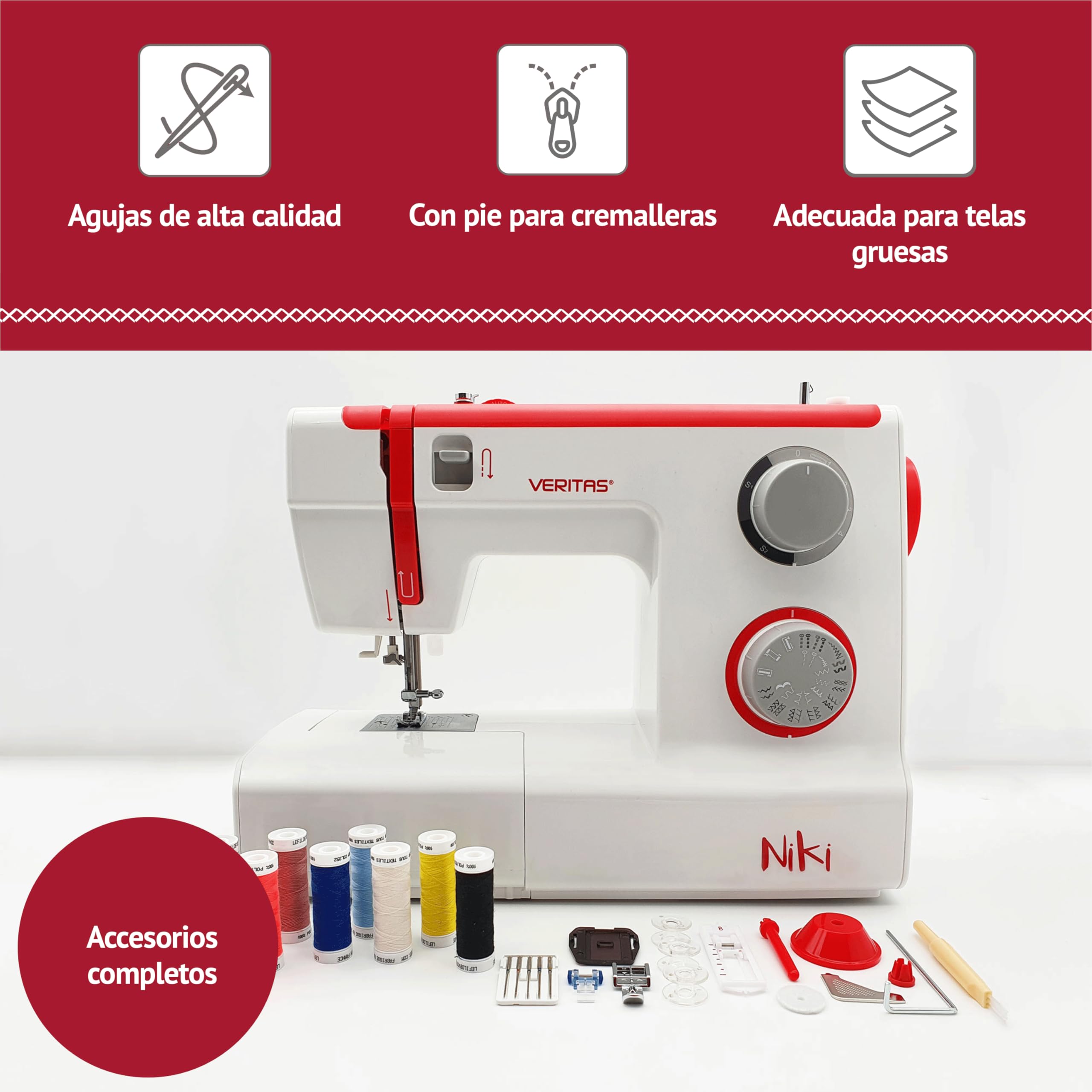 VERITAS Máquina de coser Niki I 23 programas de costura I Ayuda para enhebrar I Tensión automática del hilo & Cortador de hilo I Longitud del punto ajustable I Luz LED para coser (blanco-rojo)