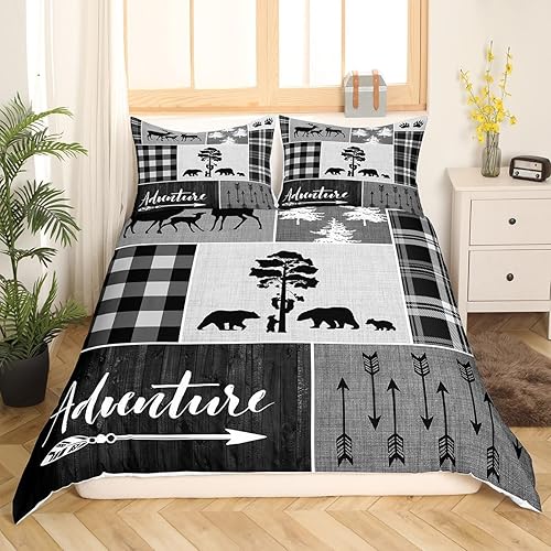 Miniatura 9 de Juego de funda de edredón para niños de aventura de camping, tamaño matrimonial, juego de ropa de cama de caza de ciervos, osos, lobo, animales y