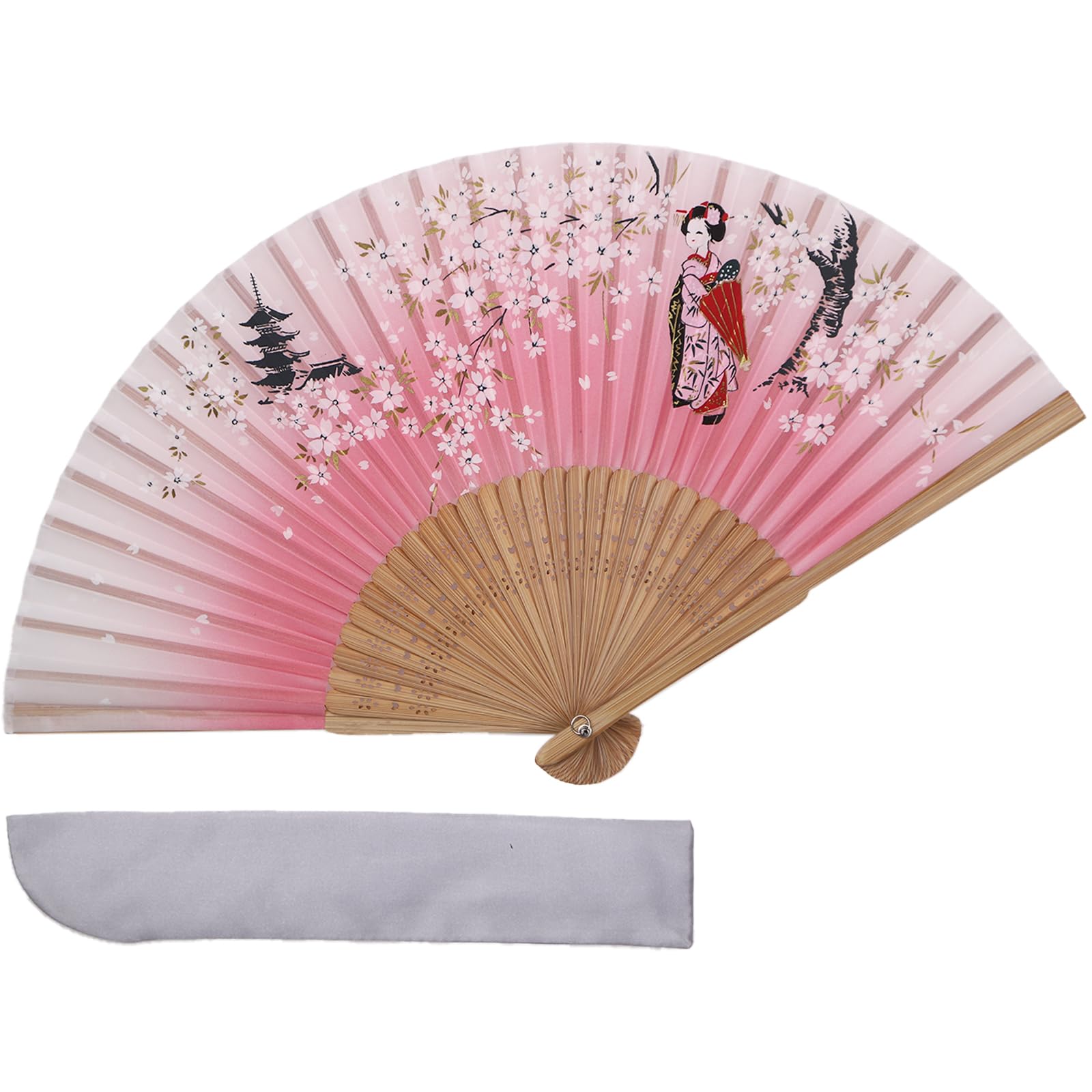 TOuWA Folding Fan, Men/Women, Bamboo Ribs, Japanese Pattern, Lightweight, Japan Souvenir, Festival, Fireworks Display, Year-End Party, New Year Party, Recital, Kimono, 2-Piece Set (Fan, Fan Pouch) : C