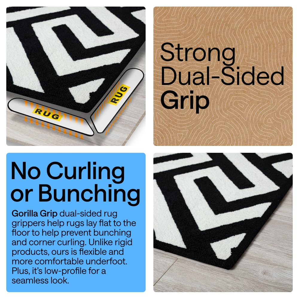 GORILLA GRIP® Almohadillas de agarre para alfombras, adhesivos reutilizables de doble cara extra largas que mantienen las esquinas planas de las alfombras, agarra suelos de madera dura, azulejos y