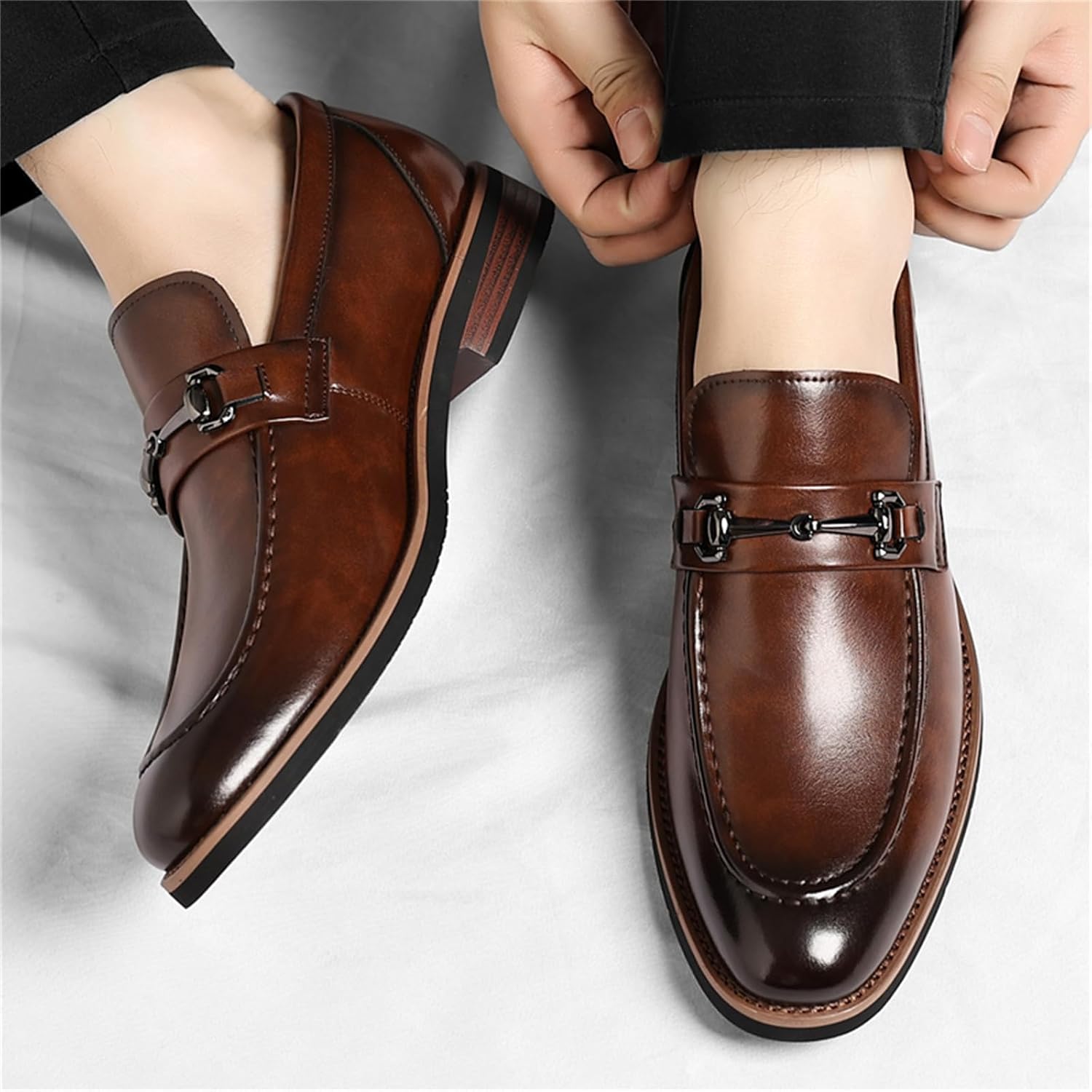 Men's Genuine Leather Slip On Penny Loafers with Metal Bit Decorative Buckle Business Formal Round Toe Low Block Heel Non Slip Shoes for Work Wedding Office Prom Party