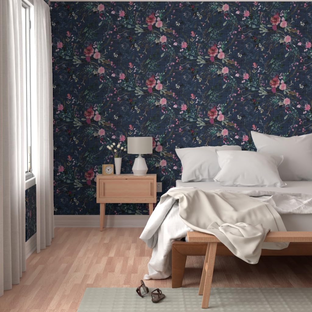 Spoonflower Removable Wallpaper 3ft x 2ft - Fable Floral Navy Vintage Flowers Rose Autumn Fall Spring Custom Pre-Pasted Wallpaper
