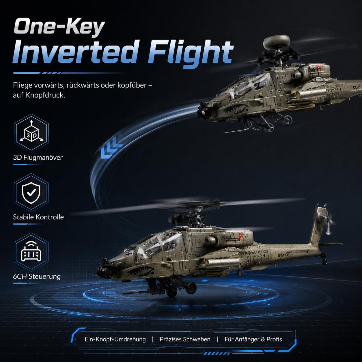 Elicottero radiocomandato C170 AH-64D, scala 1/48, 6 canali, senza spazzole, con sistema Flybarless, flusso ottico, TOF, mantenimento dell'altezza, elicottero radiocomandato per adulti