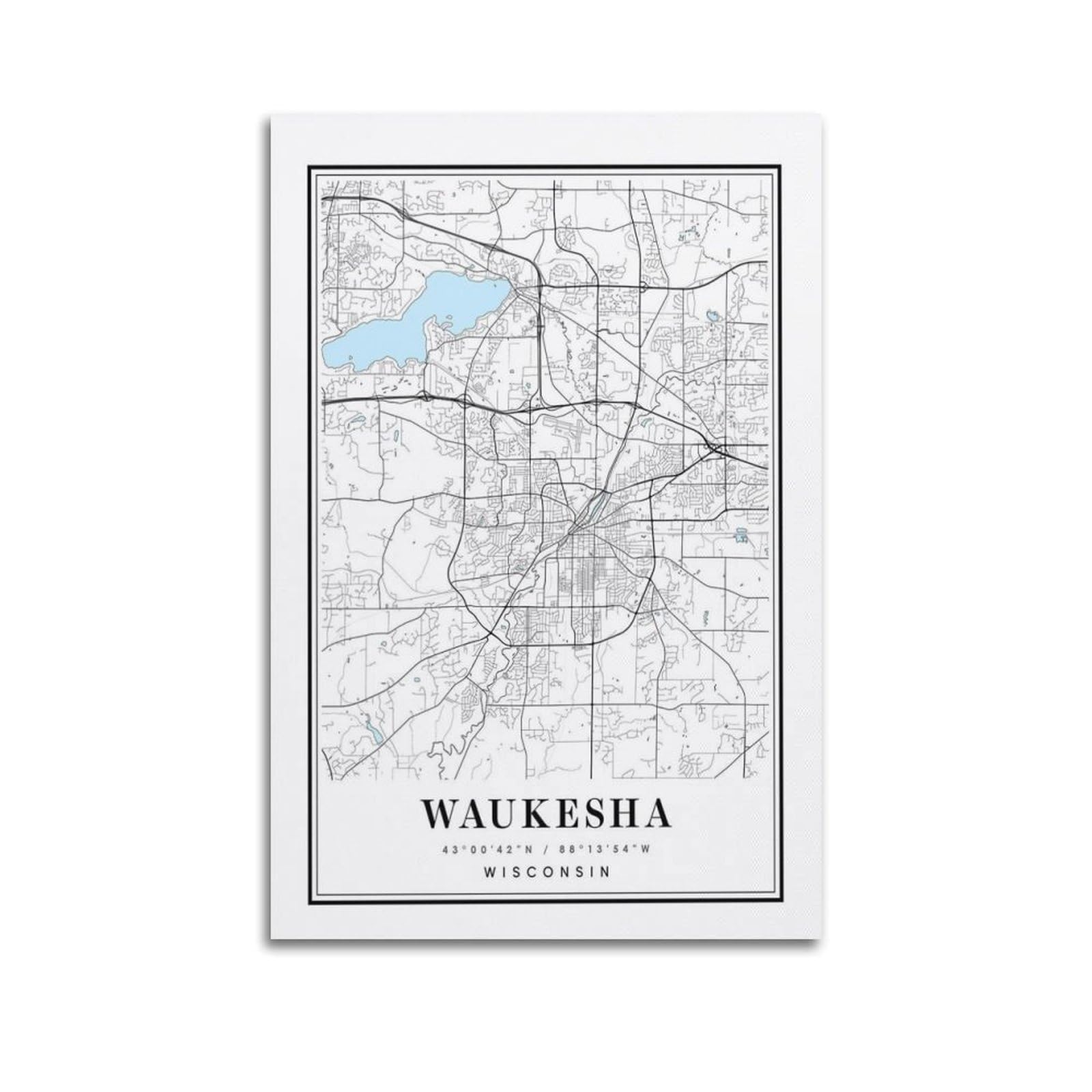 xiaoxiaoshen Waukesha Wisconsin Map Canvas Poster Wall Art Prints Room Aesthetic Murals Bedroom And Living Decorations 24x36inch(60x90cm)