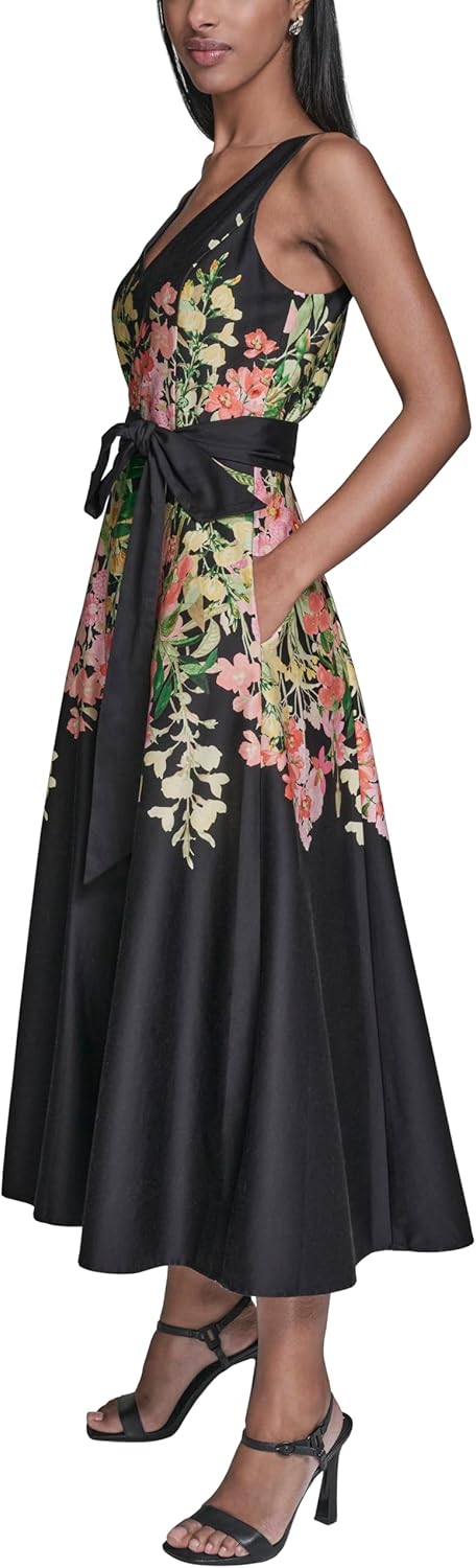 Karl Lagerfeld Women's Sleeveless V-Neck Cotton Sateen Midi Placement Floral Dress