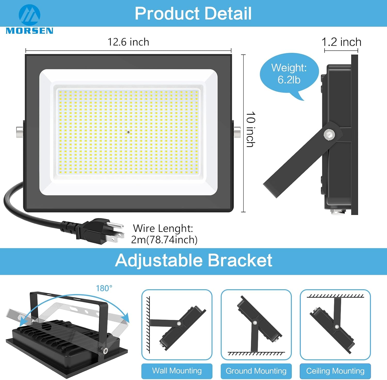 MORSEN 400W Flood Lights Outdoor, 60000lm Bright LED Work Light with Plug, 6500K Daylight White LED Flood Lighting, IP66 Waterproof Security Yard Lights for Yard Garage Stadium 2 Pack