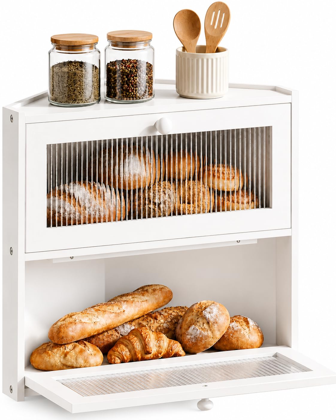 BAMBANG Corner Bread Box for Kitchen Countertop, Double Layer Bamboo Bread Storage Container, Farmhouse Large Bread Bin Counter Top, Wooden Breadbox Holder for Homemade Bread, White