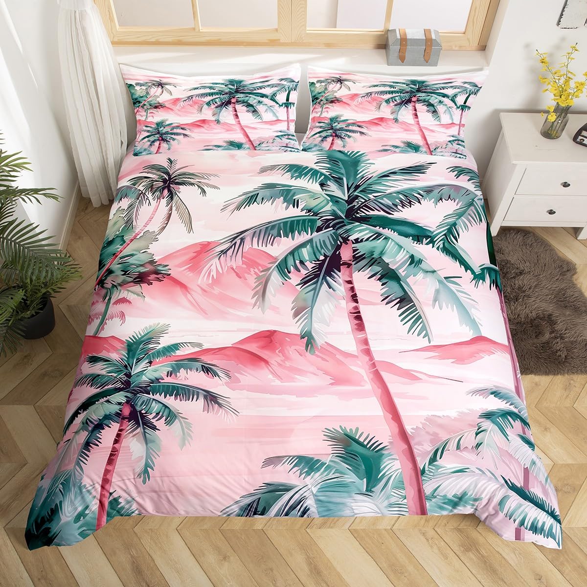 feelingyou Tropical Kids Duvet Cover Set Single Size,Seaside Palm Trees Hawaii Summer Bedding Set,Girls Boys Teens Room Decor,Watercolor Mountains Pink Green Paint Quilt Cover,No Comforter