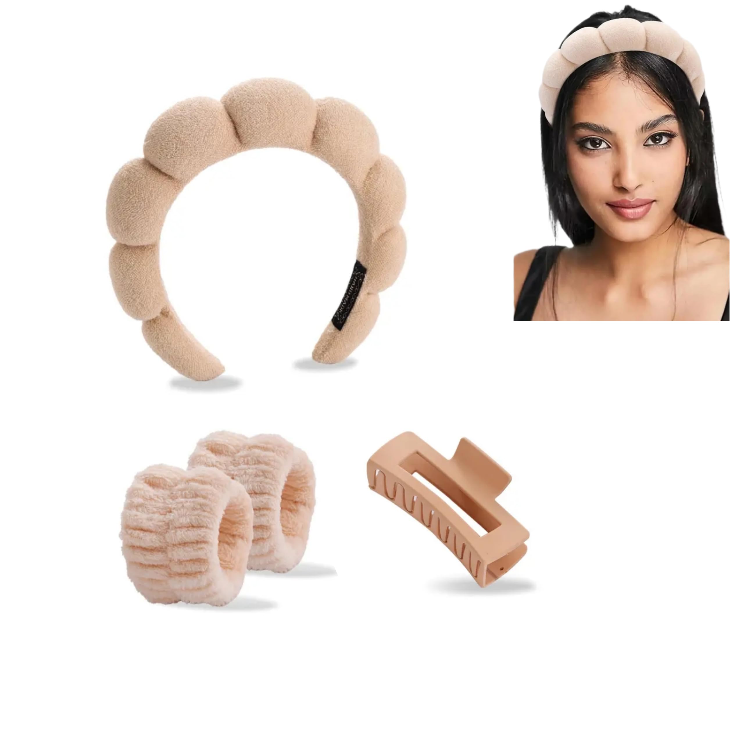 Spa Headband with Hair Clutcher and 2 Wristbands, Pink Makeup Accessories Set for Face Washing and Skincare (Beige)-image-18
