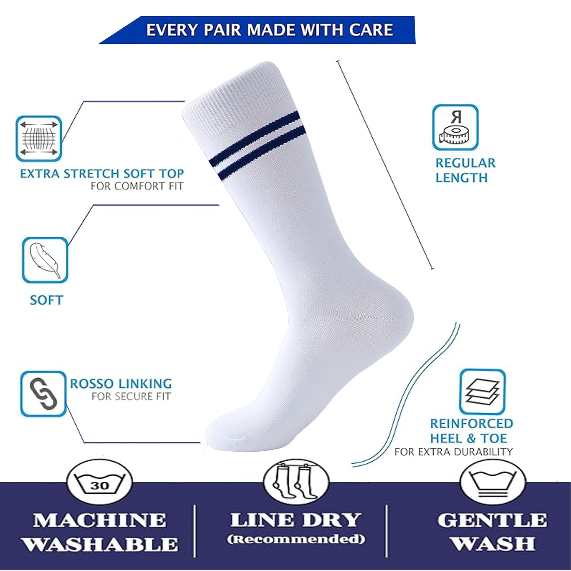 LEALDEALZ kids school striped uniform socks for boys and girls, Made with Soft, Breathable & Durable Cotton, Anti Odour & Moisture Absorbent, Calf Length - White color - Navy Blue Stripes, pack of 5