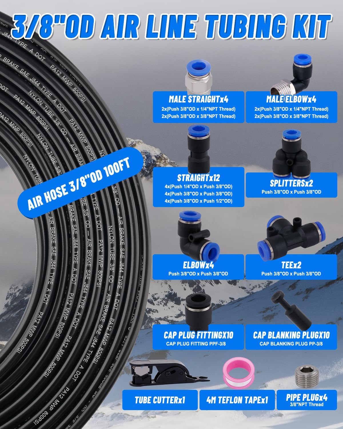 3/8" Air Line Tubing Kit, 100FT(30M) SAE J844 PA Nylon Air Hose Tubing with Cutter and Teflon Tape, 3/8" Air Hose with Push to Connect Fittings for Air Brake System Or Fluid Transfer(55PCS)