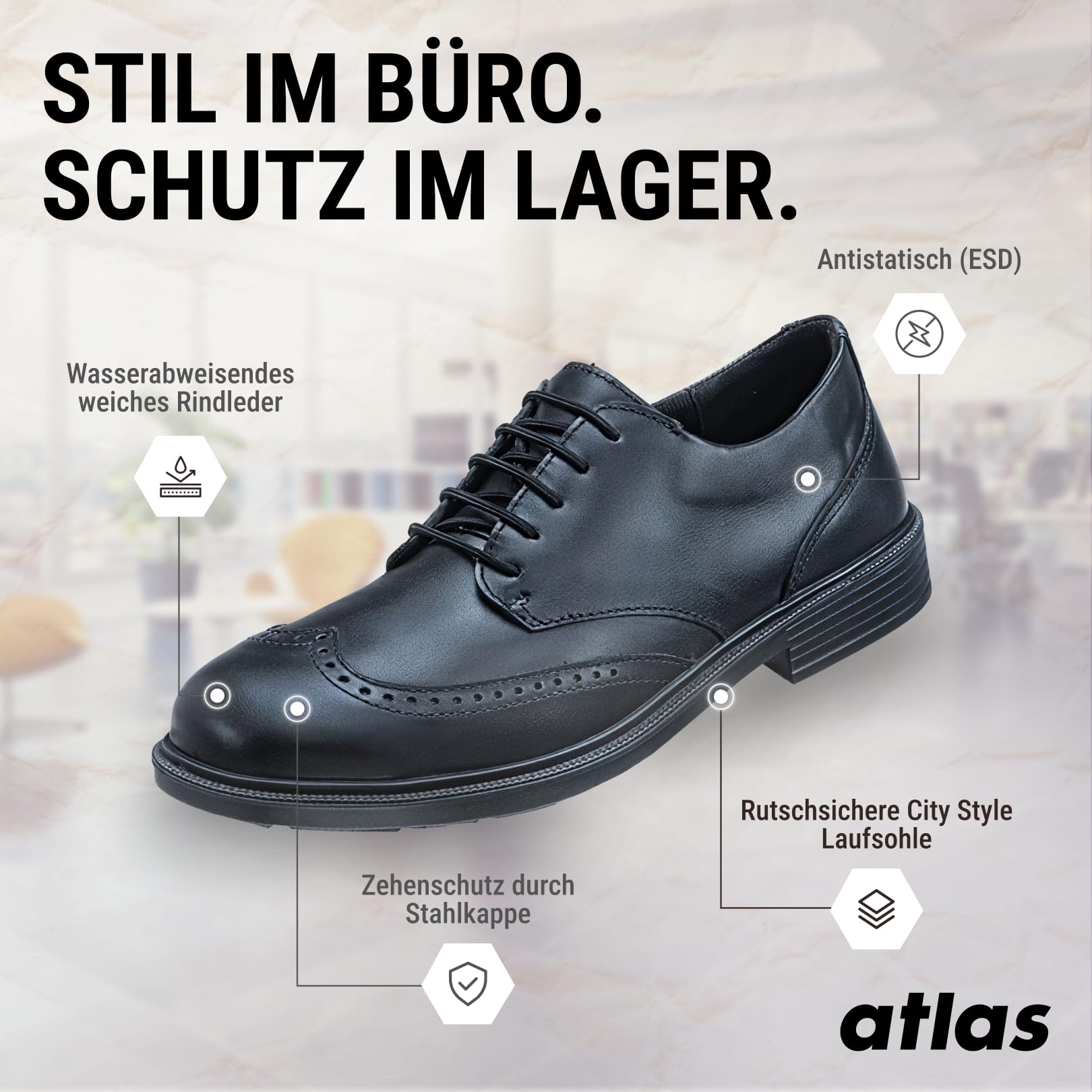Atlas CX 320 Office - EN ISO 20345 S2 stalowa nasadka (44, czarna)