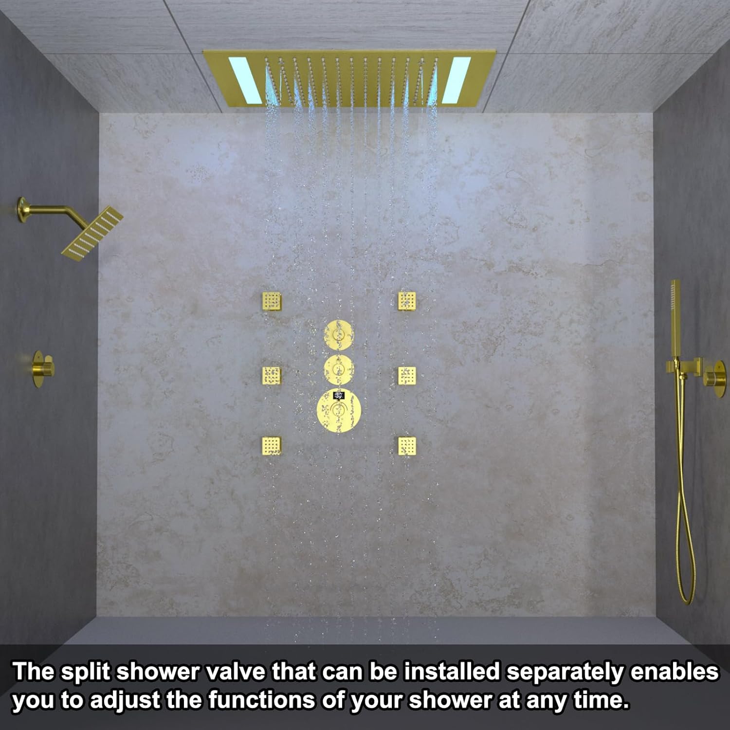 14X20 Inches Dual Head 4 Functions Shower System with Body Jets 6 Inches Shower Head & 6 Body Jets 4 Functions Separate Shower Valve Shower Faucet Set with Remote Control (Brushed Gold)