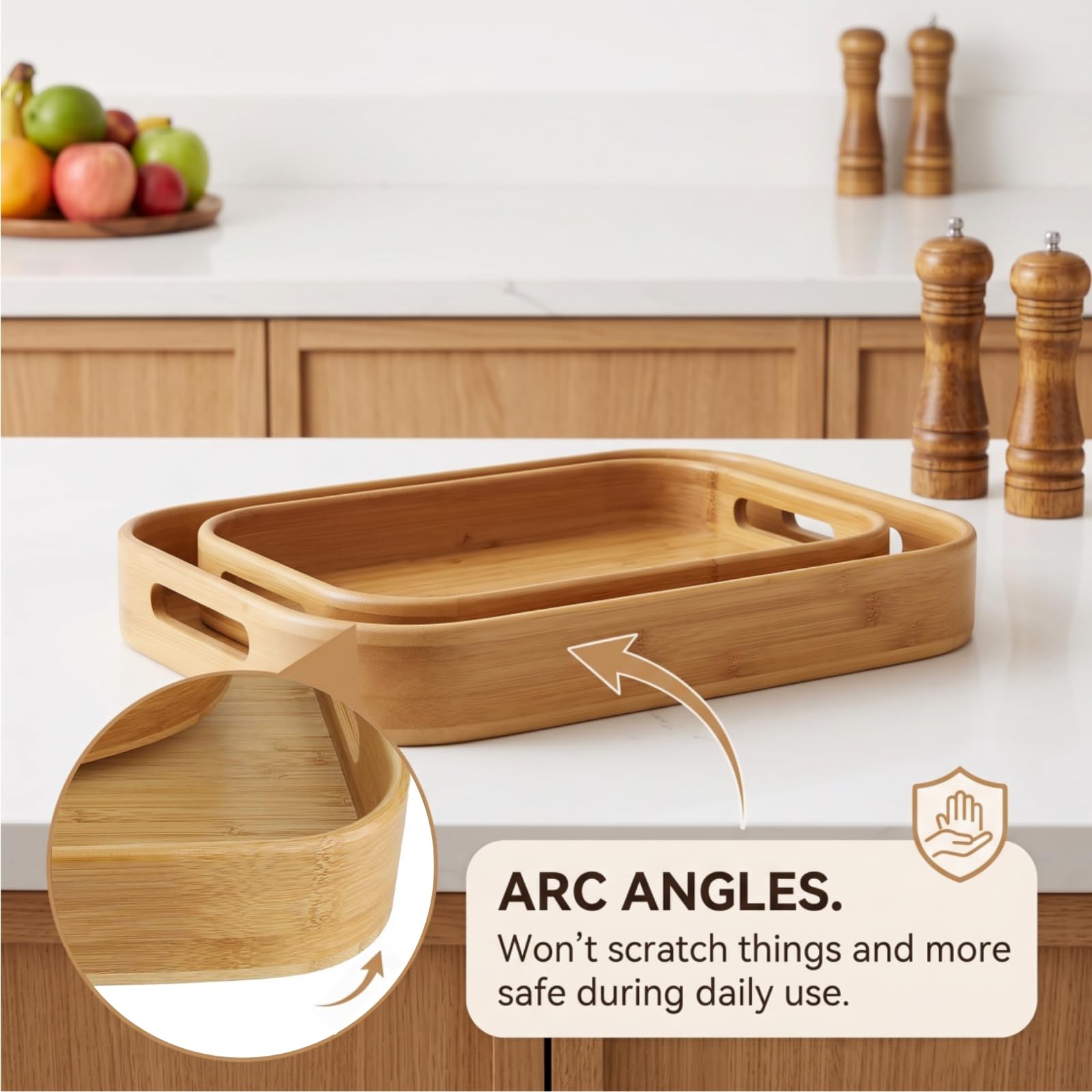 Dicunoy 2er Set Bambus Serviertablett,Massivholz Frühstückstablett mit Griffen,Große Bambus Essen Tablett Ideal für Abendessen, Tee, Kaffee, Bar, Partys (40 x 28 x 5 cm,33 x 22 x 4 cm)