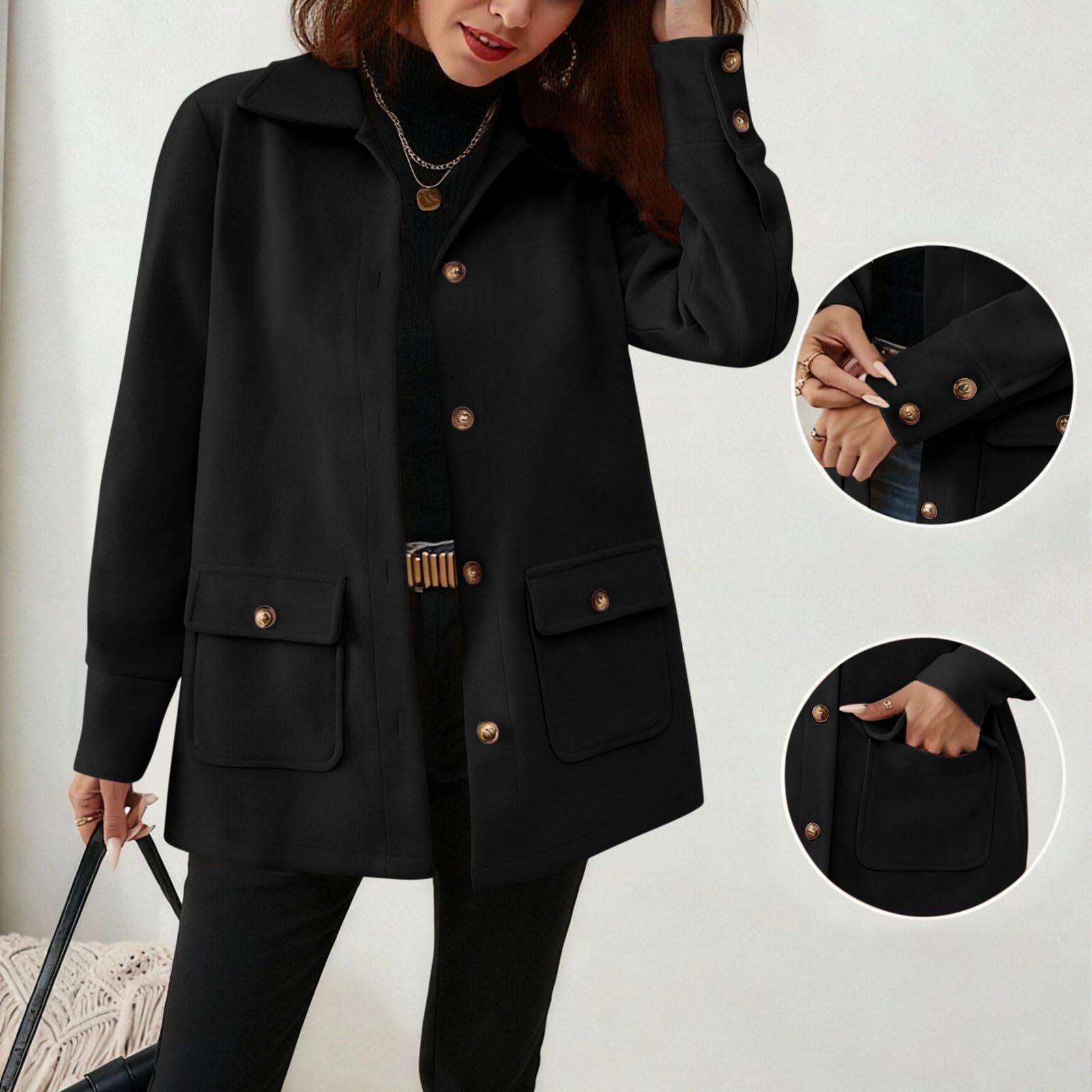HAOLEI Chaqueta Mujer Invierno de Lana Cuello Solapa Chaquetas de Manga Larga con Botonadura Sencilla Elegantes Tench Coat con Cuello de Solapa Cálido Abrigos Paño Corto con Bolsillos Moda Gabardina