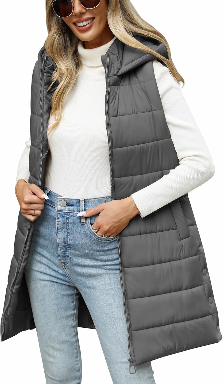 Yusongirl Puffer Vest for Women Long Hooded Lightweight Puffy Jacket Warm Sleeveless Fall Winter down Coat Outerwear