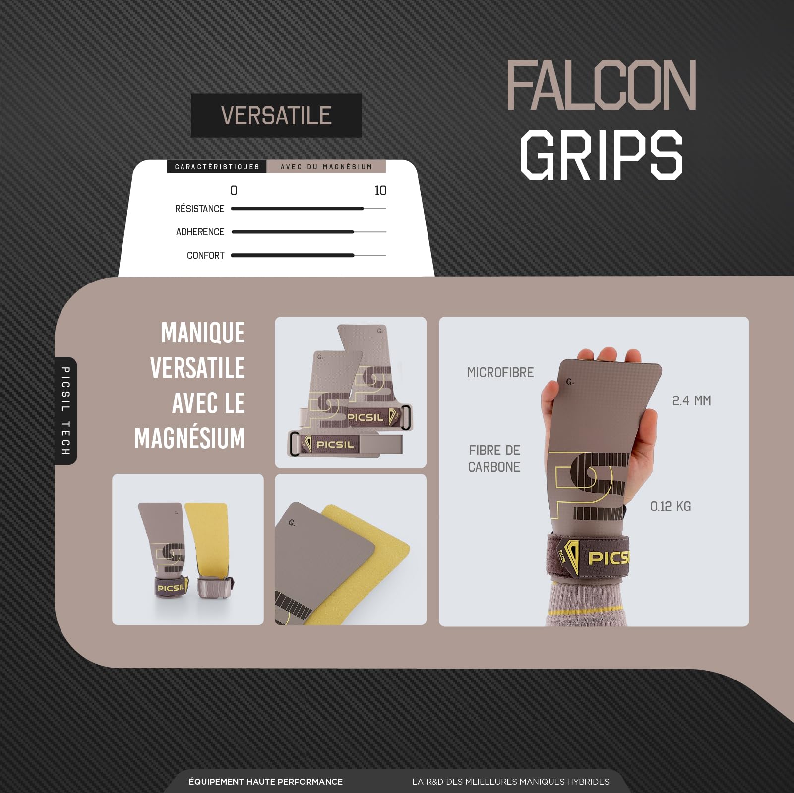PICSIL Falcon Grips – Fibre de Carbone, Usage avec Magnésie | Double couche fibre de carbone pour adhérence optimale avec magnésie. Inclut 2 bandeaux poignets et sac de transport léger.