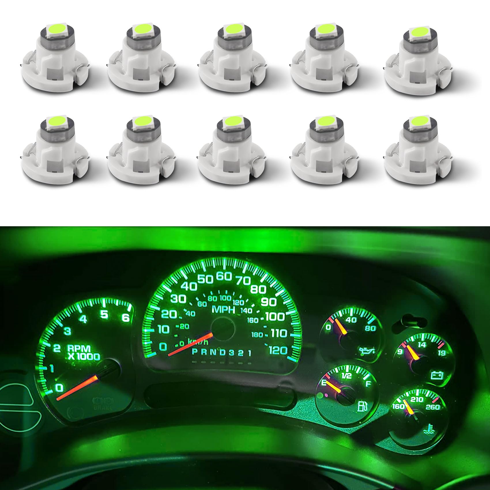 10PCS T4.2 Led Bulb Neo Wedge 10mm Base, Car Interior Dash Light, 12V IP65 Waterproof 3030 Chip LED Super Bright A/C Indicator Light, Climate Control Switch Indication Bulb for Cars (Green)