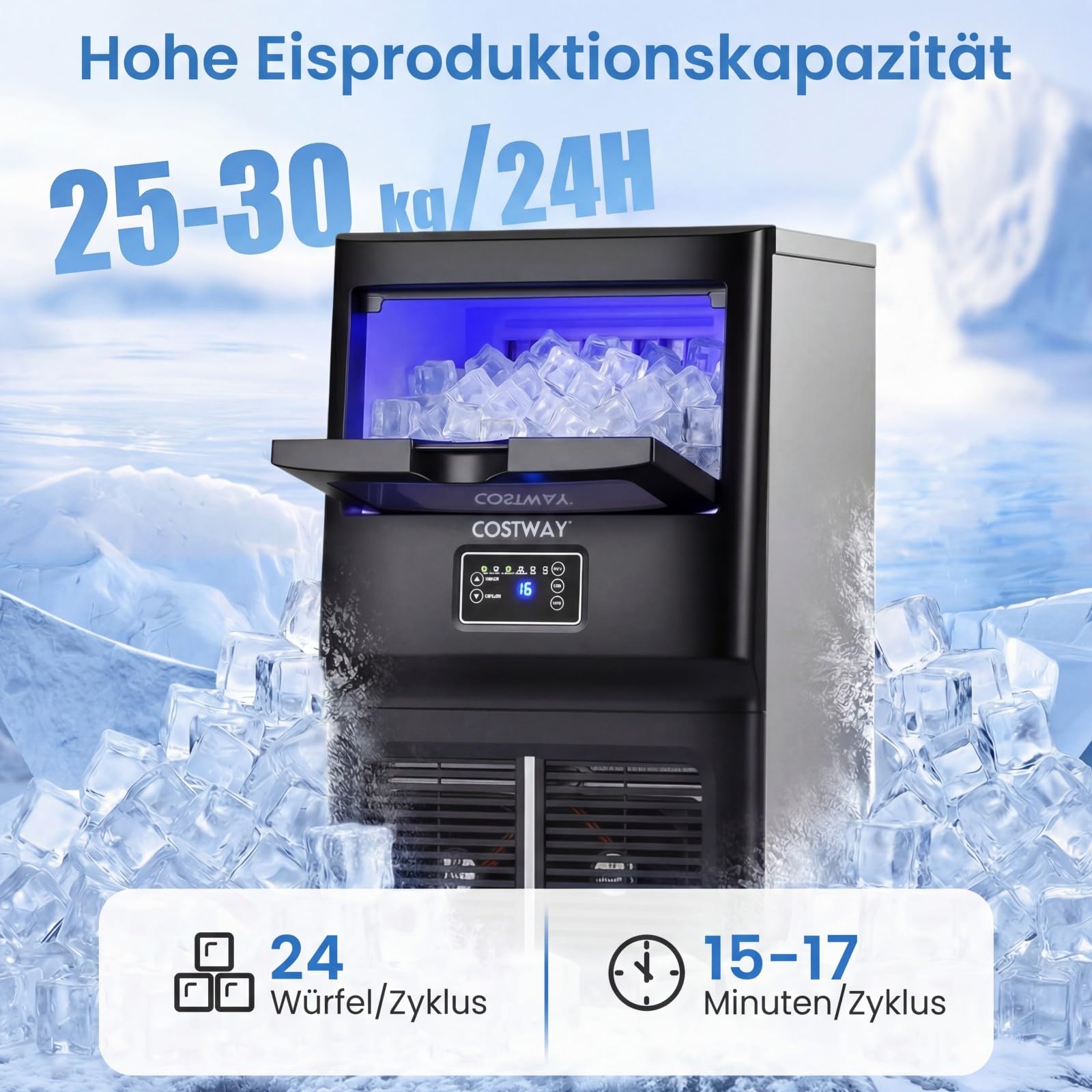 COSTWAY kommerzielle Eiswürfelmaschine 25-30 kg/24 h, gewerblicher Eismaschine aus Edelstahl mit Selbstreinigung, Wasserfilter, Eiswürfelbereiter freistehend/Untertheken für Zuhause, Bar, Restaurant