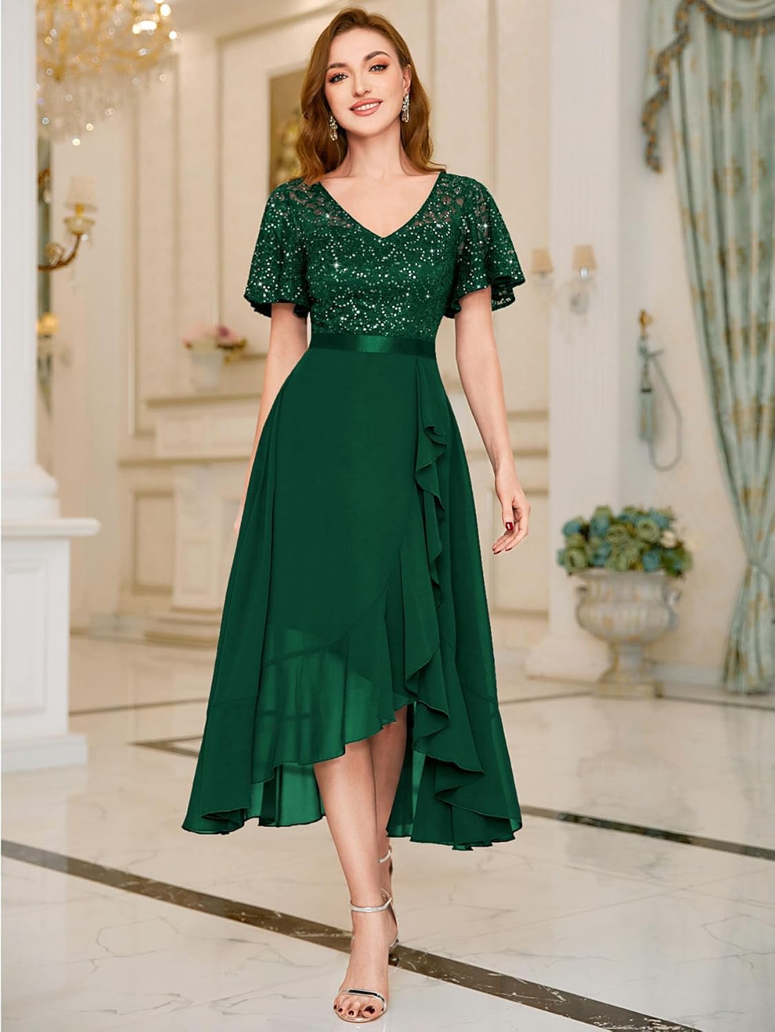 Miusol Women's Classy V-Neck Butterfly Sleeve Sequined Floral Lace Ruffle Split Bridesmaid Party Dress - Image 3