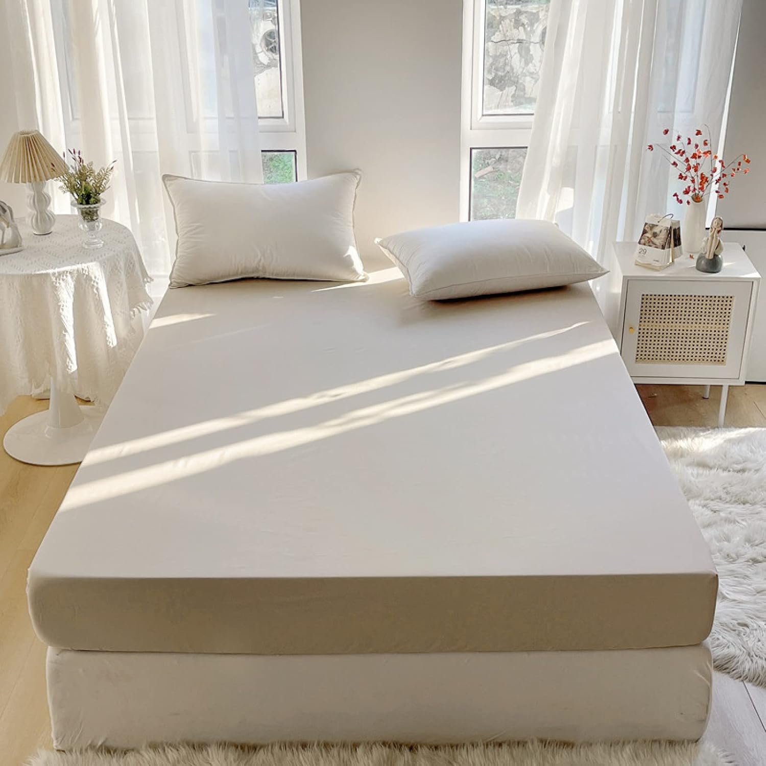 FCLDESHOP Mattress Encasement,Soft Comfortable Cotton Bedding Sheets,Solid Color Non-Slip Mattress Topper for Single Double King Size Bed,Beige,150 * 200cm
