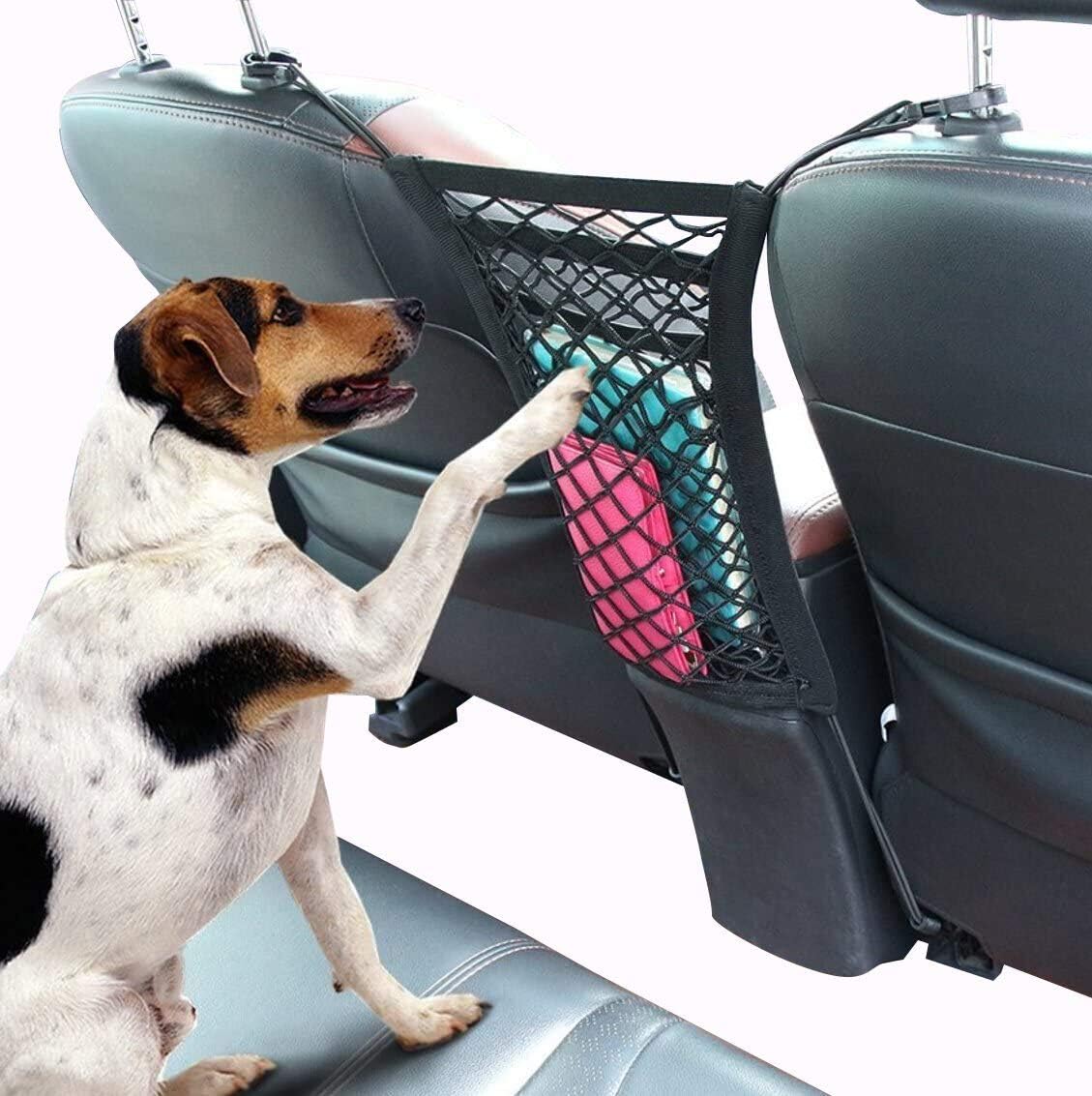 HanleyDepot Upgraded 3-Layer Universal Car Mesh Organizer, Car Dog Barrier, Auto Seat Net Organizer, Universal Stretchy Car Seat Storage Mesh & Mesh Cargo Net Hook Pouch Holder
