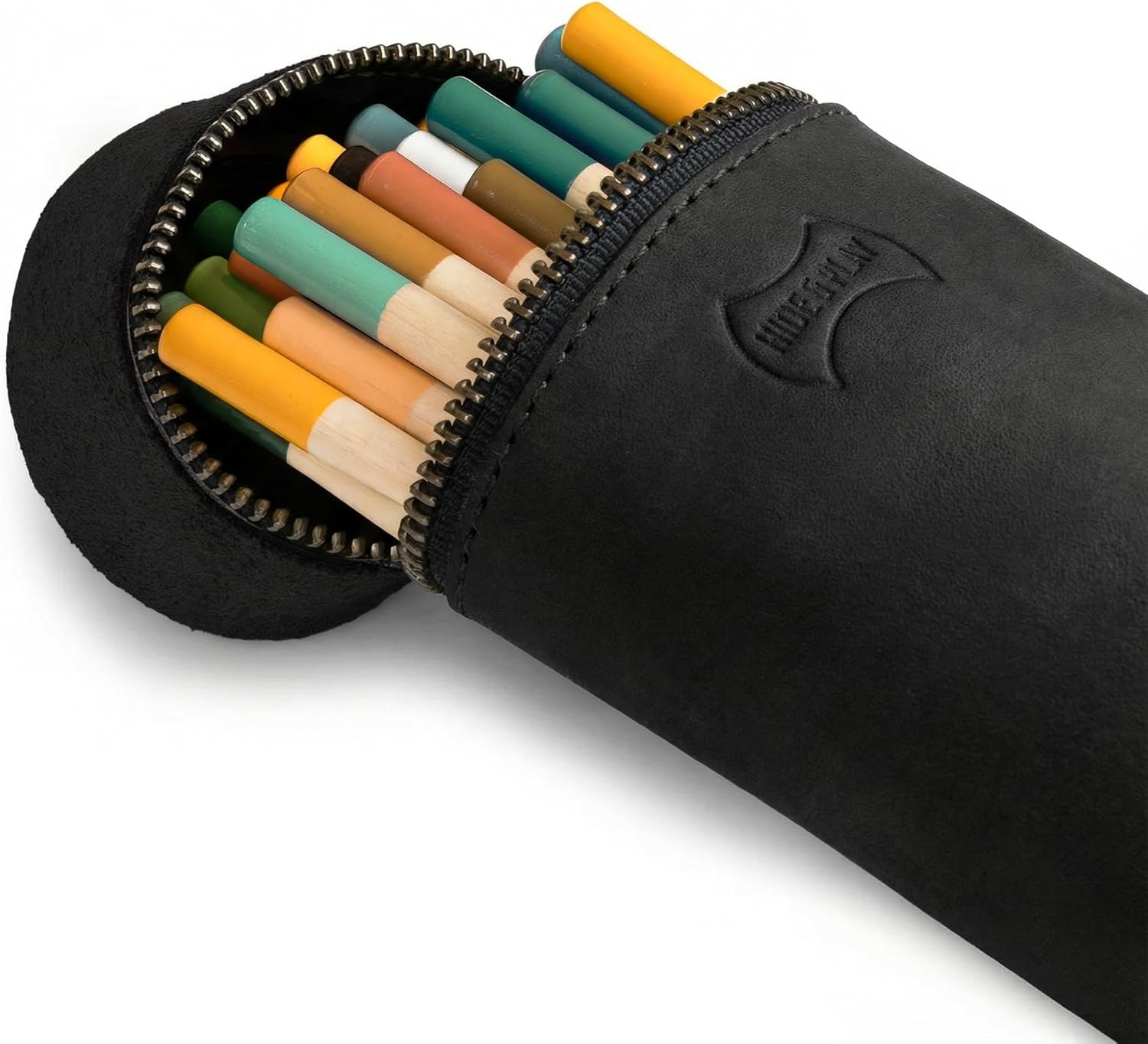 Hide & Play, Pencil-Shaped Case for Pens, Pencils, Markers, and Office Accessories, Zippered Bag, Pen Storage, Full Grain Leather, Handmade (Charcoal Black)