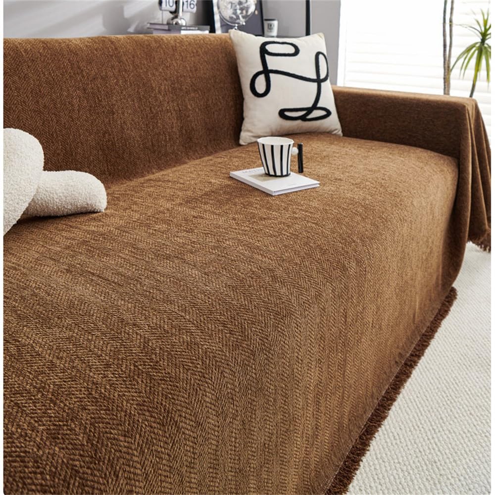 Housse de canapé en chenille marron 180x230 cm pour protection 3 places