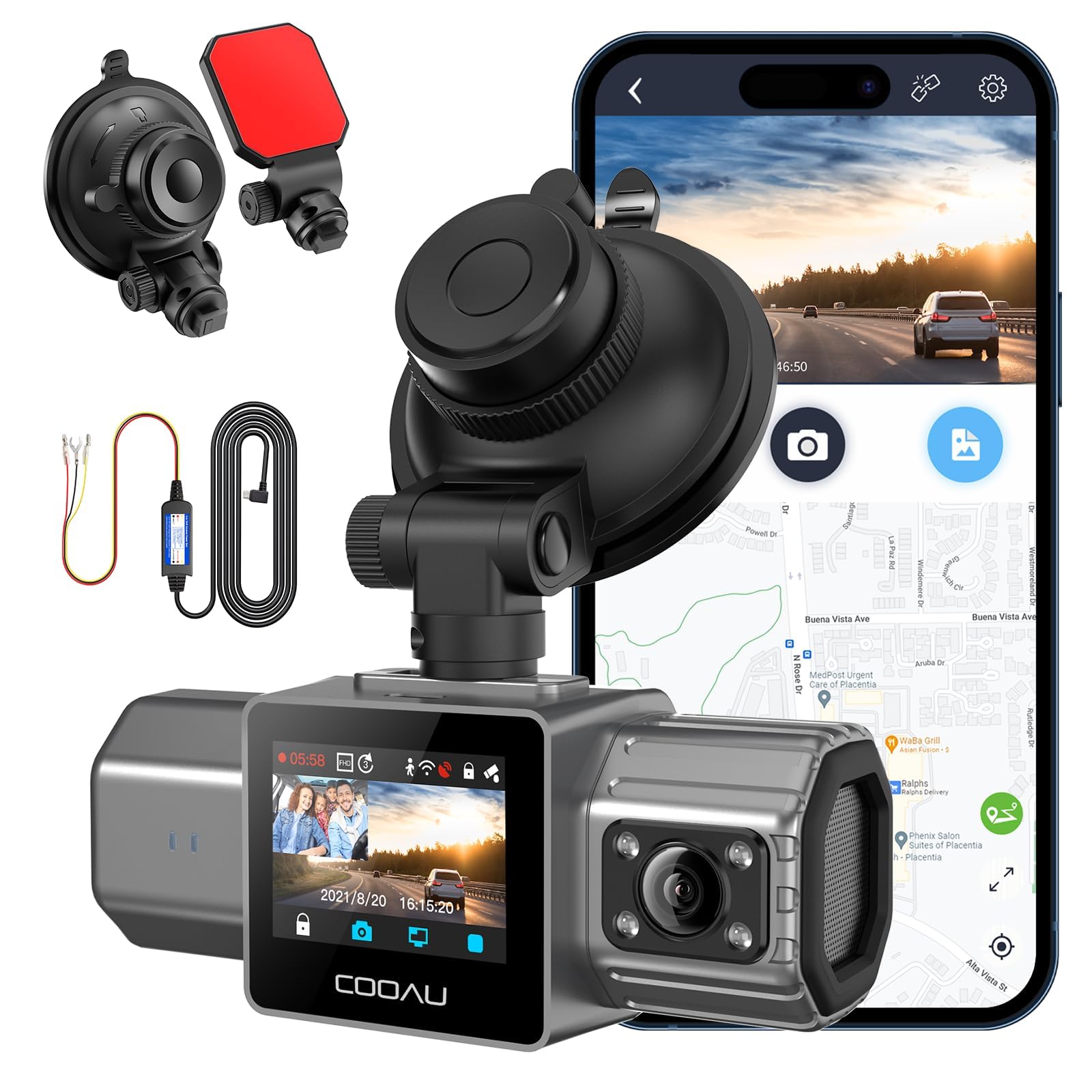 COOAUD20S Dash Cam + Dash Cam Mounts + Hardwire Kit Cable - COOAU 4K Dual Dash Cam, Built-in GPS Wi-Fi, 2.5K+1080P Dash Cam Front and Inside with Infrared Night Vision, Dash Camera with Parking Mode